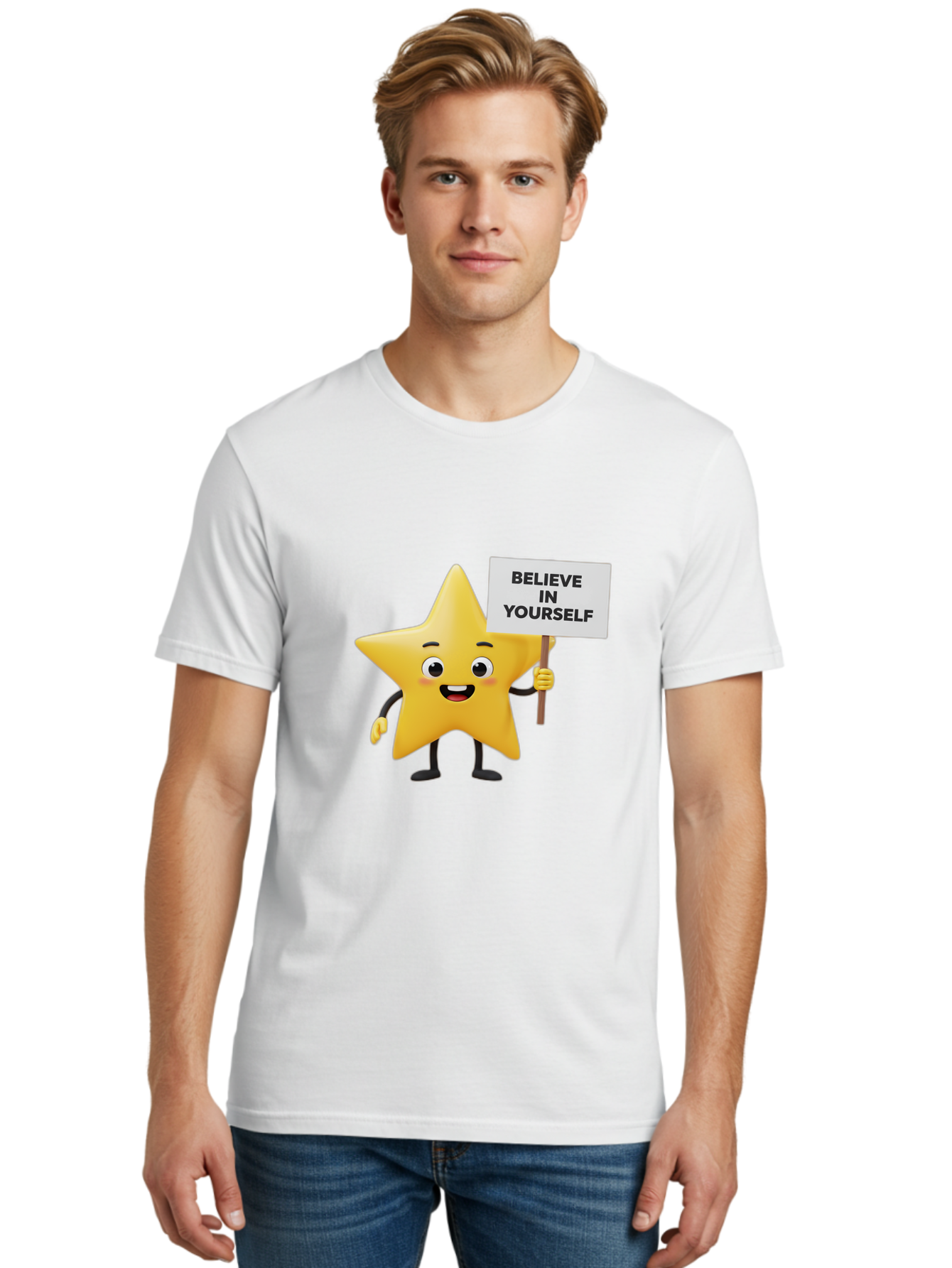 Believe-In-Yourself-3 Men'S Graphic Tee, 100% Cotton, Comfortable Casual Summer Wear, Machine Washable, Motivational Star Character, Believe In Yourself Sign, Positivity, Encouragement, Confidence Booster, Inspirational Quote, Bae129