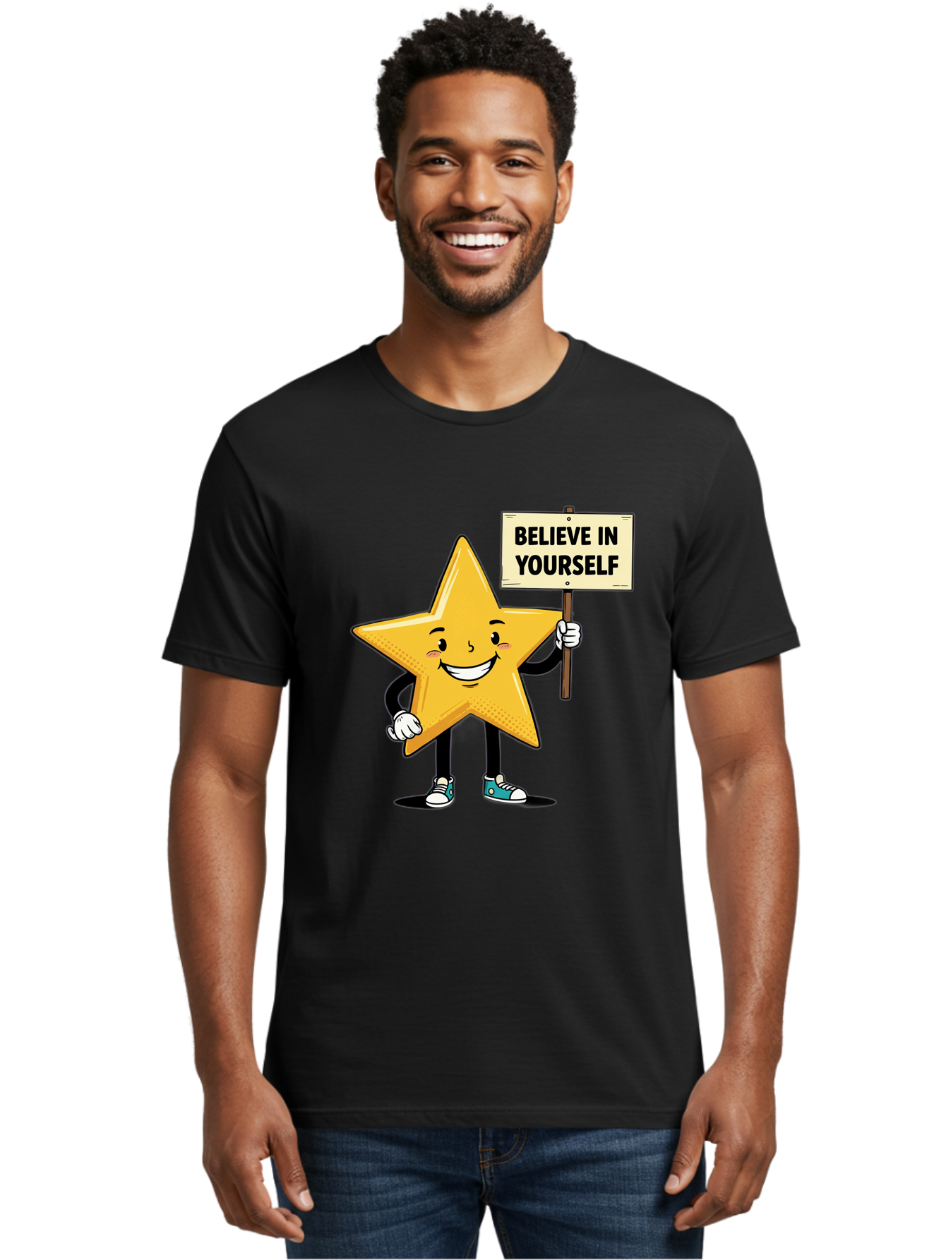 Believe-In-Yourself-4 Men'S Graphic Tee, 100% Cotton, Comfortable Casual Summer Wear, Machine Washable, Motivational Star Character, Inspirational Message, Self-Confidence Boost, Positivity, Encouragement, Smiling Star, Cartoon Character, Bae130