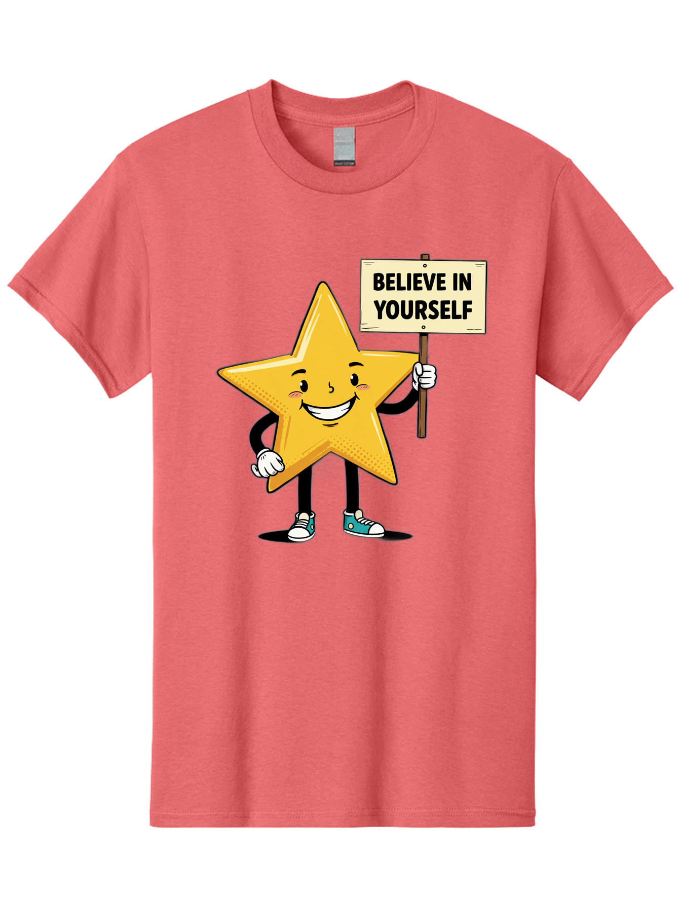 Believe-In-Yourself-4 Men'S Graphic Tee, 100% Cotton, Comfortable Casual Summer Wear, Machine Washable, Motivational Star Character, Inspirational Message, Self-Confidence Boost, Positivity, Encouragement, Smiling Star, Cartoon Character, Bae130