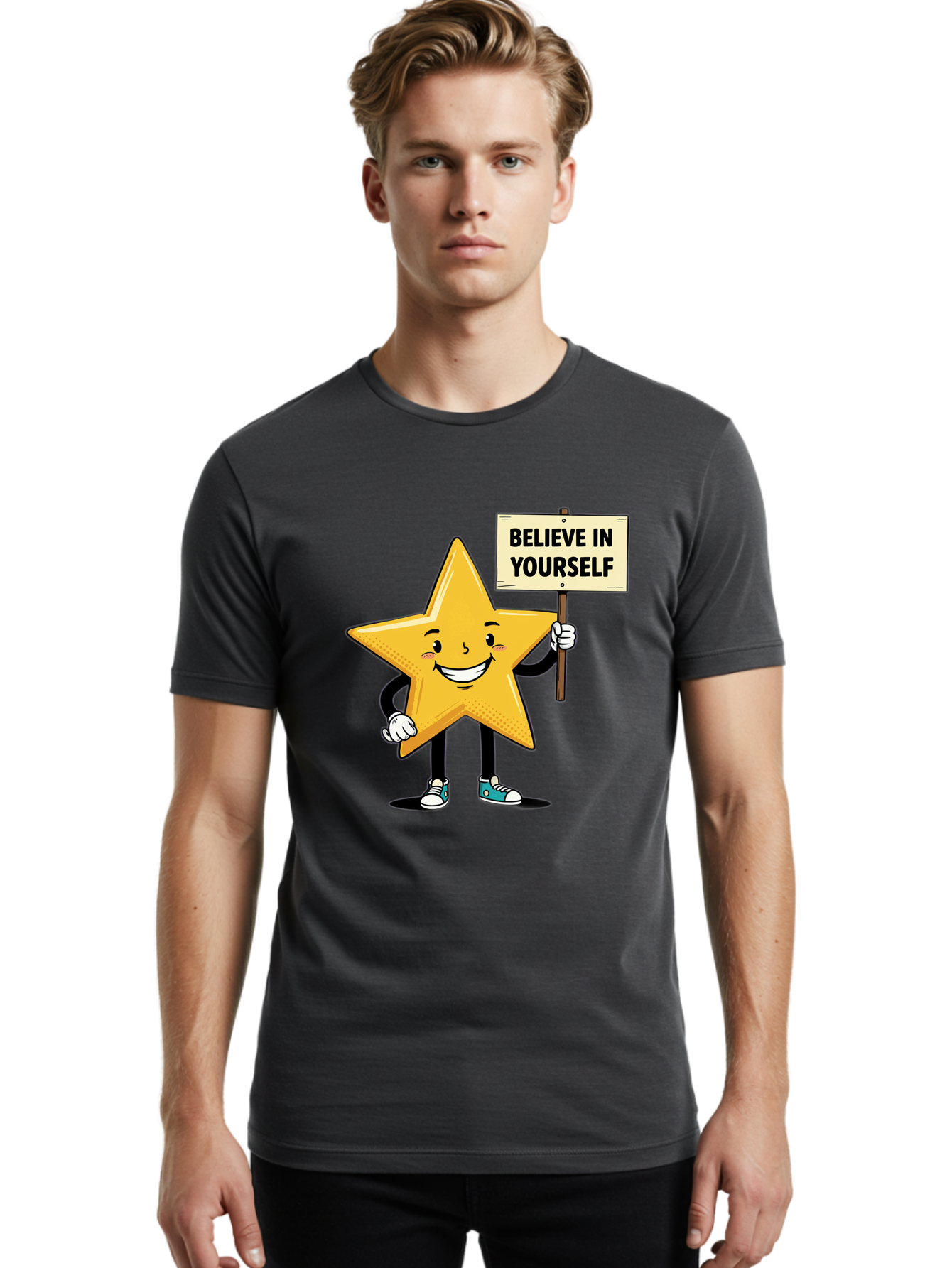 Believe-In-Yourself-4 Men'S Graphic Tee, 100% Cotton, Comfortable Casual Summer Wear, Machine Washable, Motivational Star Character, Inspirational Message, Self-Confidence Boost, Positivity, Encouragement, Smiling Star, Cartoon Character, Bae130