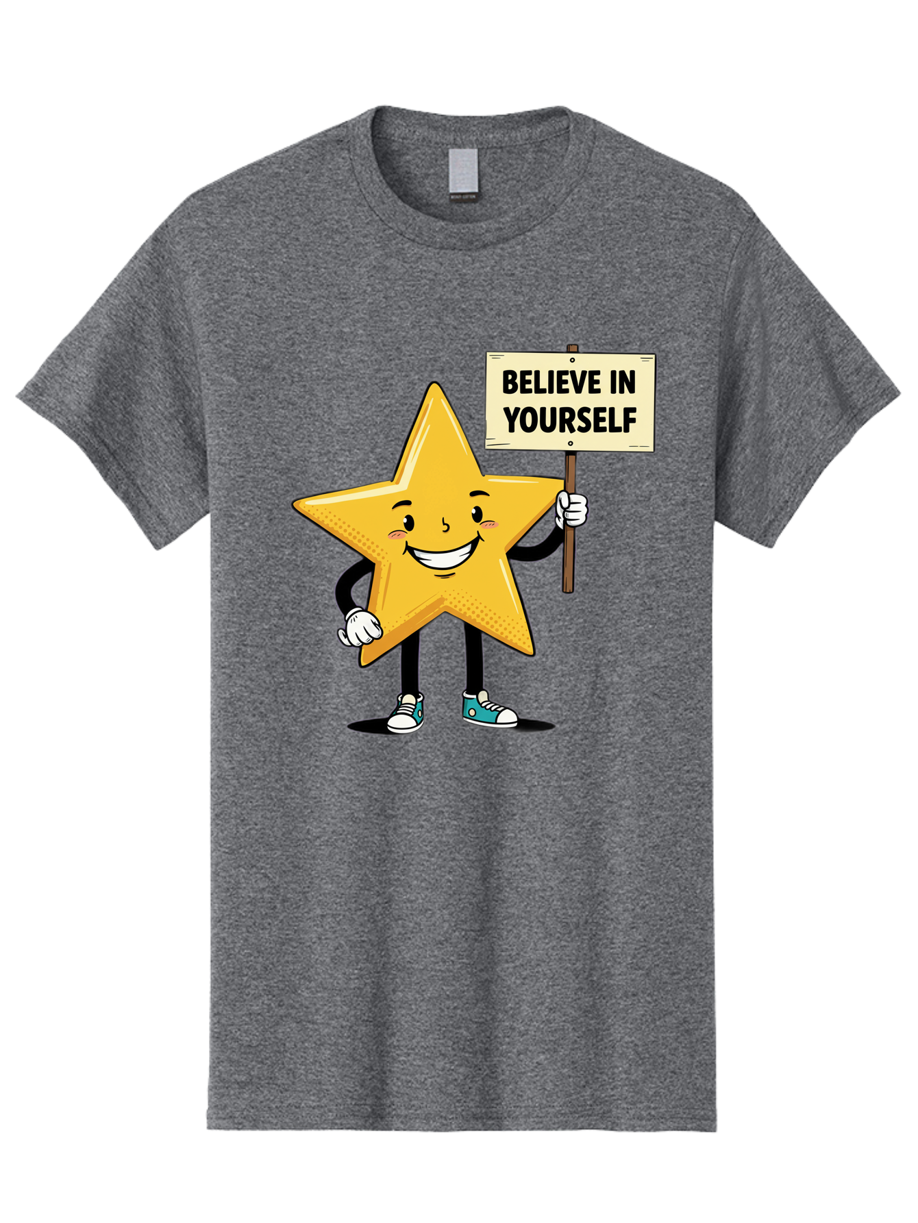 Believe-In-Yourself-4 Men'S Graphic Tee, 100% Cotton, Comfortable Casual Summer Wear, Machine Washable, Motivational Star Character, Inspirational Message, Self-Confidence Boost, Positivity, Encouragement, Smiling Star, Cartoon Character, Bae130