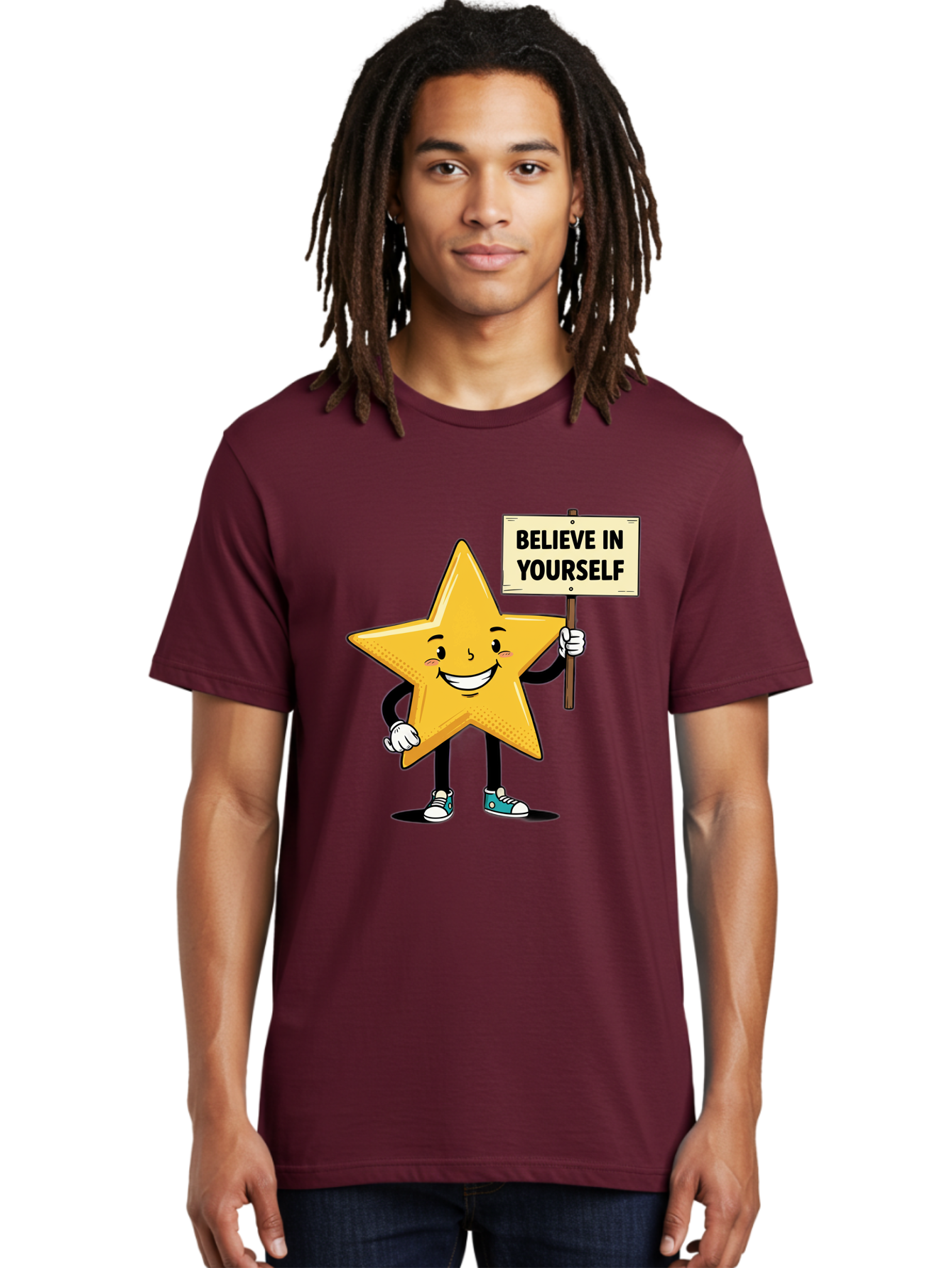 Believe-In-Yourself-4 Men'S Graphic Tee, 100% Cotton, Comfortable Casual Summer Wear, Machine Washable, Motivational Star Character, Inspirational Message, Self-Confidence Boost, Positivity, Encouragement, Smiling Star, Cartoon Character, Bae130