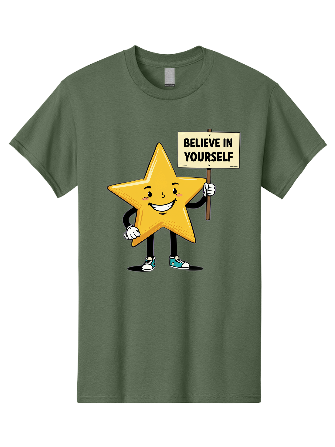 Believe-In-Yourself-4 Men'S Graphic Tee, 100% Cotton, Comfortable Casual Summer Wear, Machine Washable, Motivational Star Character, Inspirational Message, Self-Confidence Boost, Positivity, Encouragement, Smiling Star, Cartoon Character, Bae130