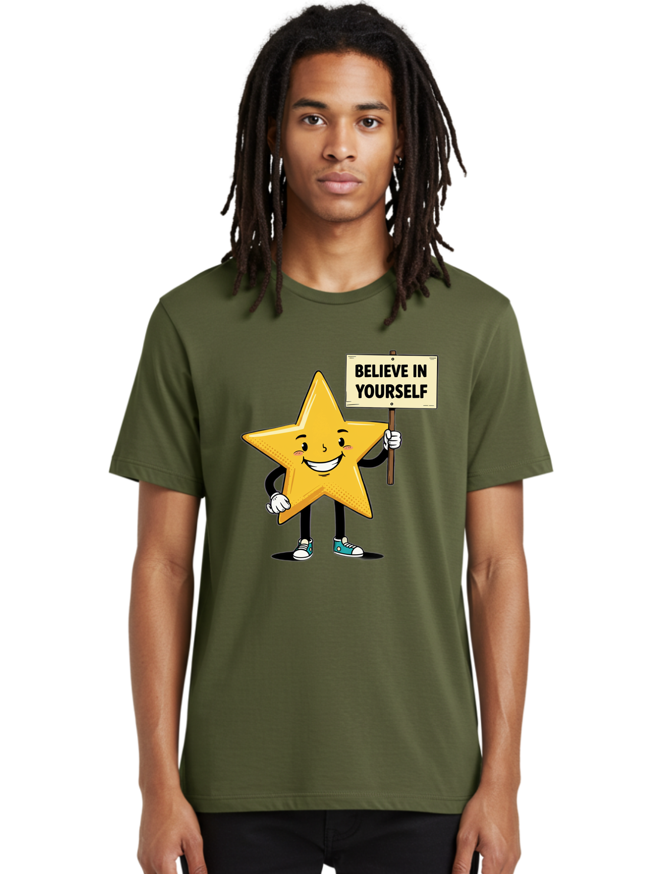Believe-In-Yourself-4 Men'S Graphic Tee, 100% Cotton, Comfortable Casual Summer Wear, Machine Washable, Motivational Star Character, Inspirational Message, Self-Confidence Boost, Positivity, Encouragement, Smiling Star, Cartoon Character, Bae130
