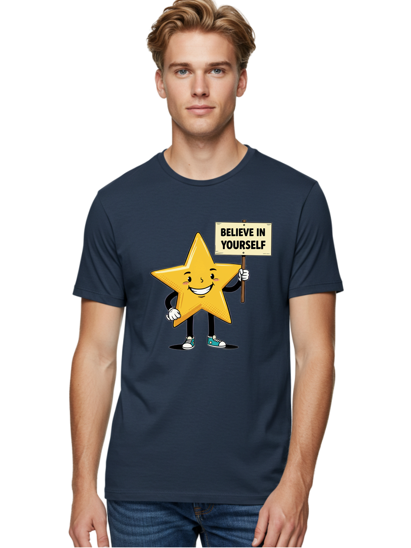 Believe-In-Yourself-4 Men'S Graphic Tee, 100% Cotton, Comfortable Casual Summer Wear, Machine Washable, Motivational Star Character, Inspirational Message, Self-Confidence Boost, Positivity, Encouragement, Smiling Star, Cartoon Character, Bae130