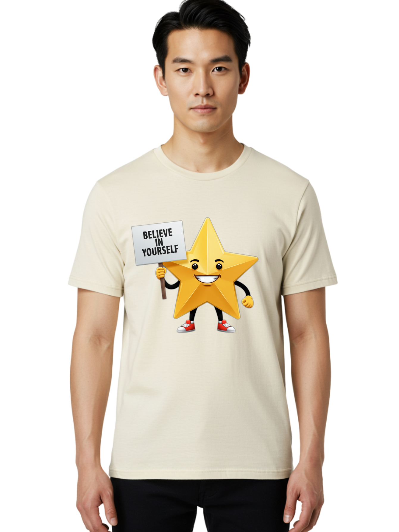 Believe-In-Yourself-6 Men'S Graphic Tee, 100% Cotton, Comfortable Casual Summer Wear, Machine Washable, Motivational Star, Inspirational Quote, Positive Message, Self-Confidence Booster, Cartoon Character, Yellow Star, Red Sneakers, Bae132