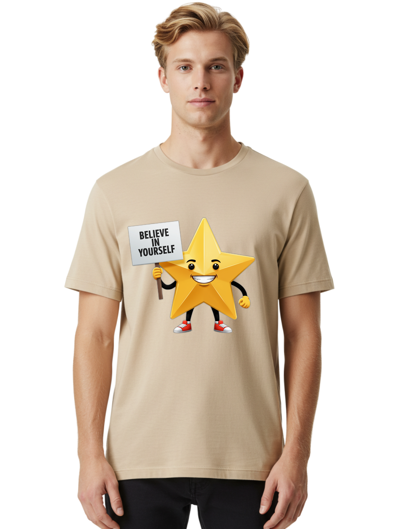 Believe-In-Yourself-6 Men'S Graphic Tee, 100% Cotton, Comfortable Casual Summer Wear, Machine Washable, Motivational Star, Inspirational Quote, Positive Message, Self-Confidence Booster, Cartoon Character, Yellow Star, Red Sneakers, Bae132