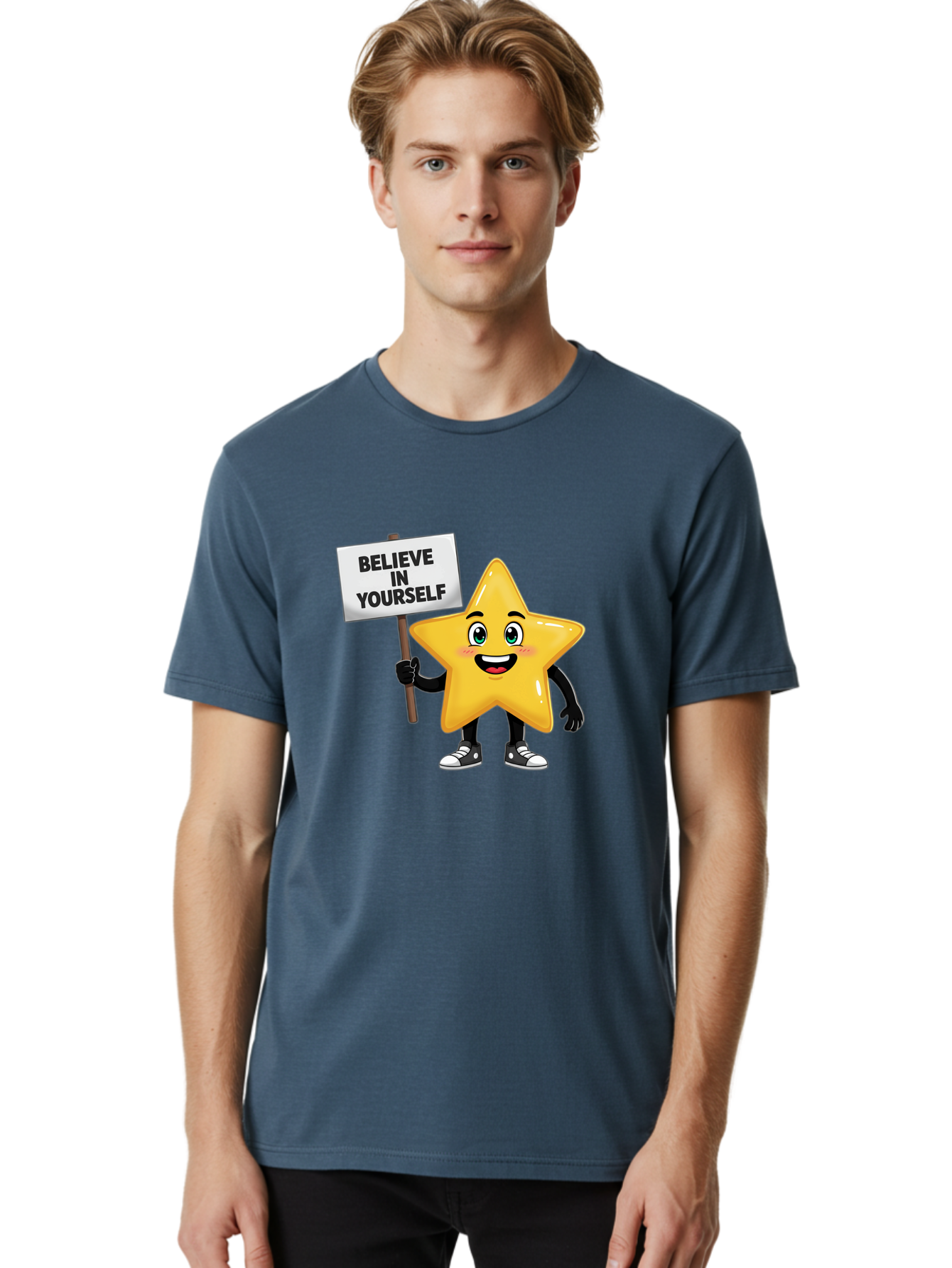Believe-In-Yourself-7 Men'S Graphic Tee, 100% Cotton, Comfortable Casual Summer Wear, Machine Washable, Motivational Star, Positive Affirmation, Believe In Yourself, Inspirational Quote, Cartoon Character, Yellow Star, Motivational Message, Bae133