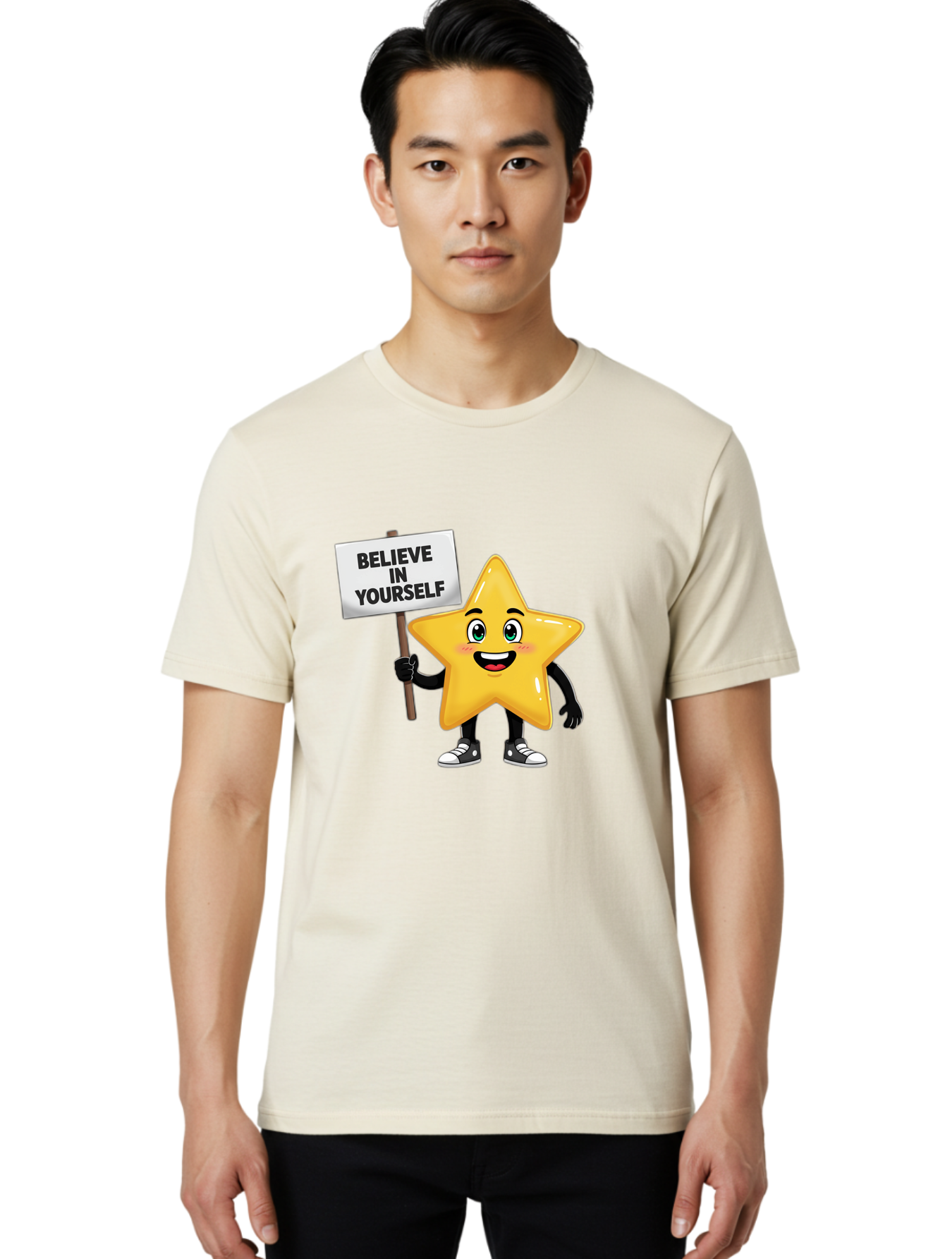 Believe-In-Yourself-7 Men'S Graphic Tee, 100% Cotton, Comfortable Casual Summer Wear, Machine Washable, Motivational Star, Positive Affirmation, Believe In Yourself, Inspirational Quote, Cartoon Character, Yellow Star, Motivational Message, Bae133