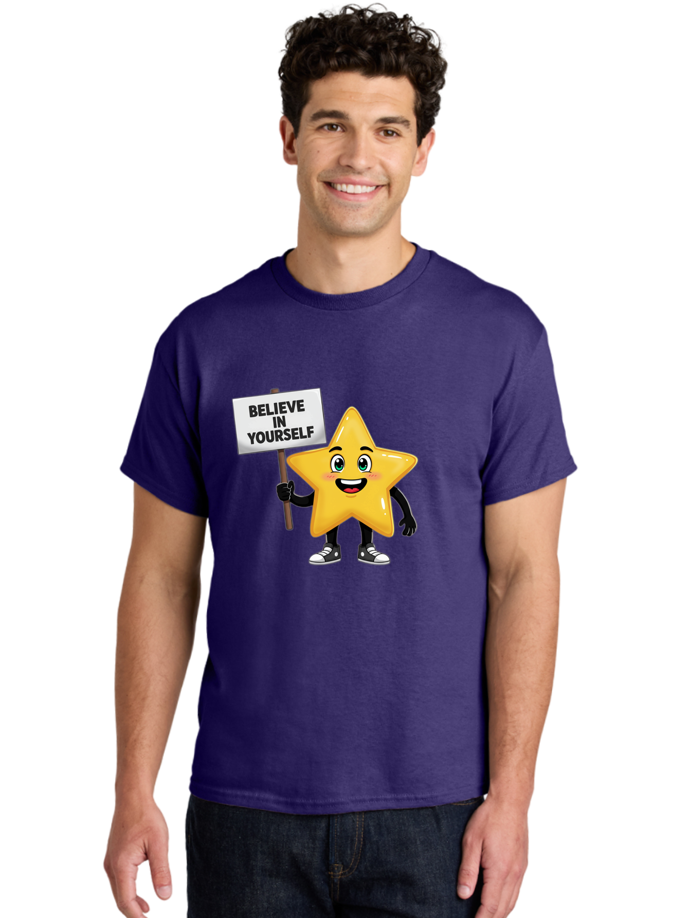 Believe-In-Yourself-7 Men'S Graphic Tee, 100% Cotton, Comfortable Casual Summer Wear, Machine Washable, Motivational Star, Positive Affirmation, Believe In Yourself, Inspirational Quote, Cartoon Character, Yellow Star, Motivational Message, Bae133