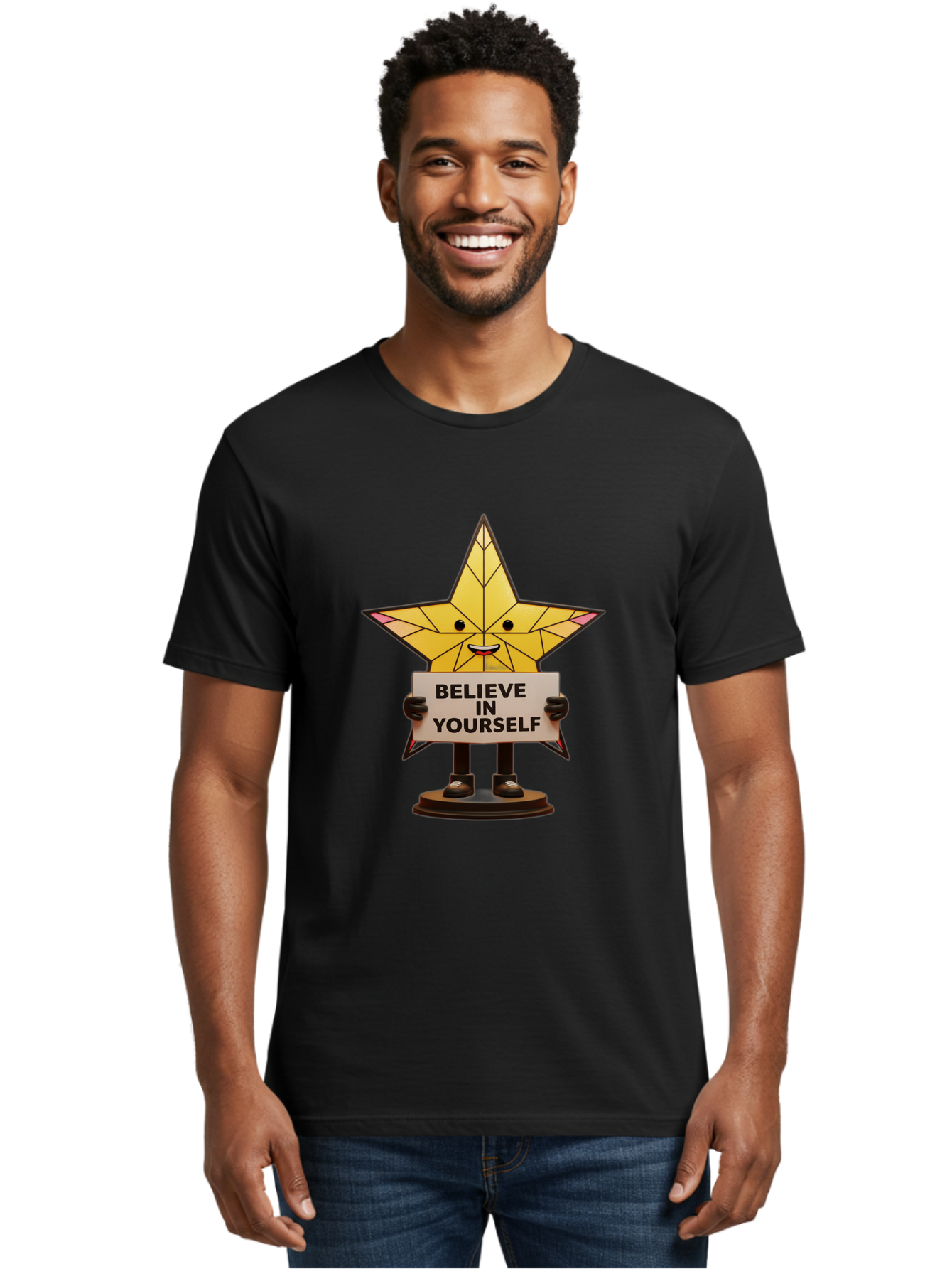 Believe-In-Yourself-8 Men'S Graphic Tee, 100% Cotton, Comfortable Casual Summer Wear, Machine Washable, Motivational Star, Inspirational Quote, Self-Belief, Positive Vibes, Cartoon Character, Yellow Star, Uplifting Message, Encouragement, Bae134