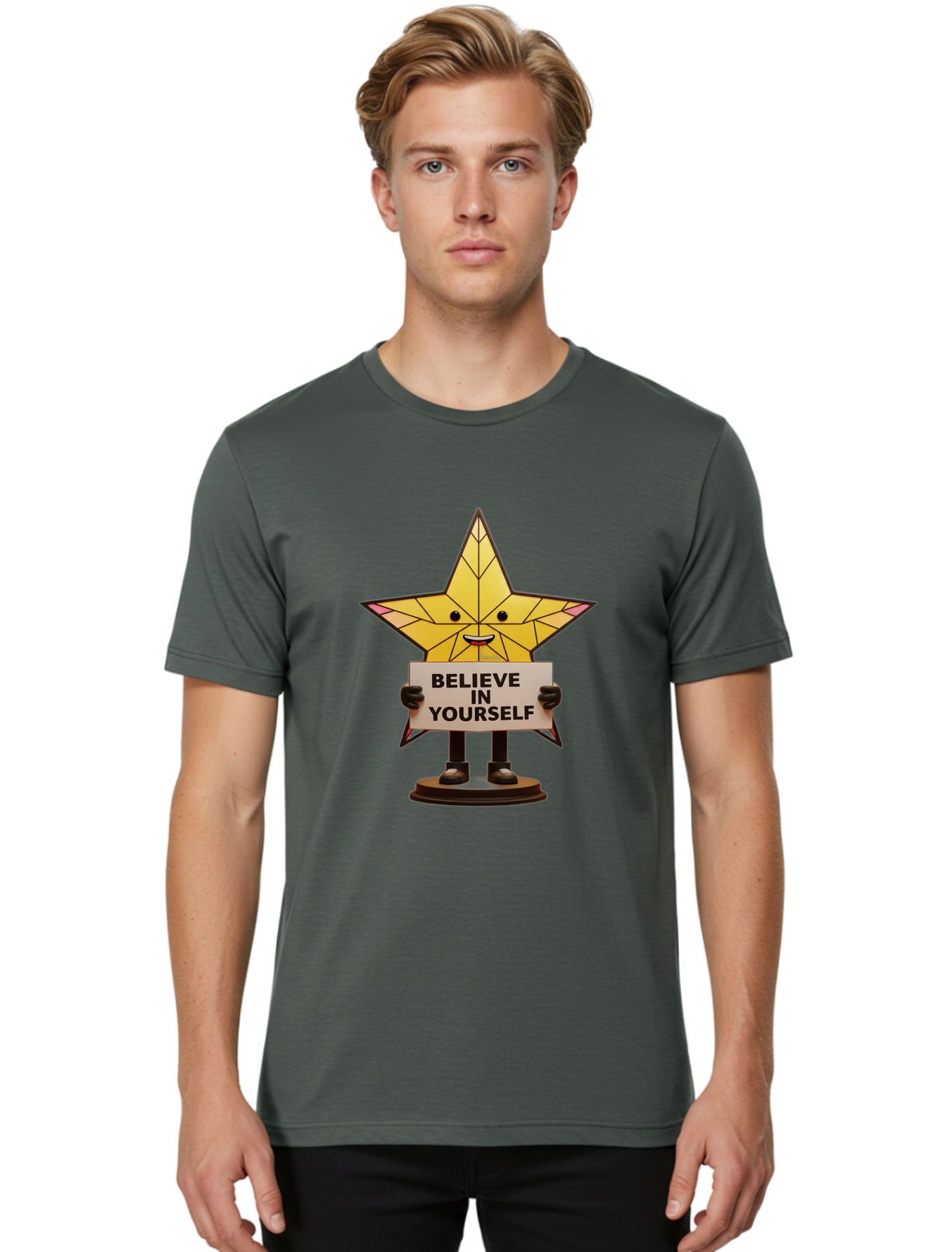 Believe-In-Yourself-8 Men'S Graphic Tee, 100% Cotton, Comfortable Casual Summer Wear, Machine Washable, Motivational Star, Inspirational Quote, Self-Belief, Positive Vibes, Cartoon Character, Yellow Star, Uplifting Message, Encouragement, Bae134