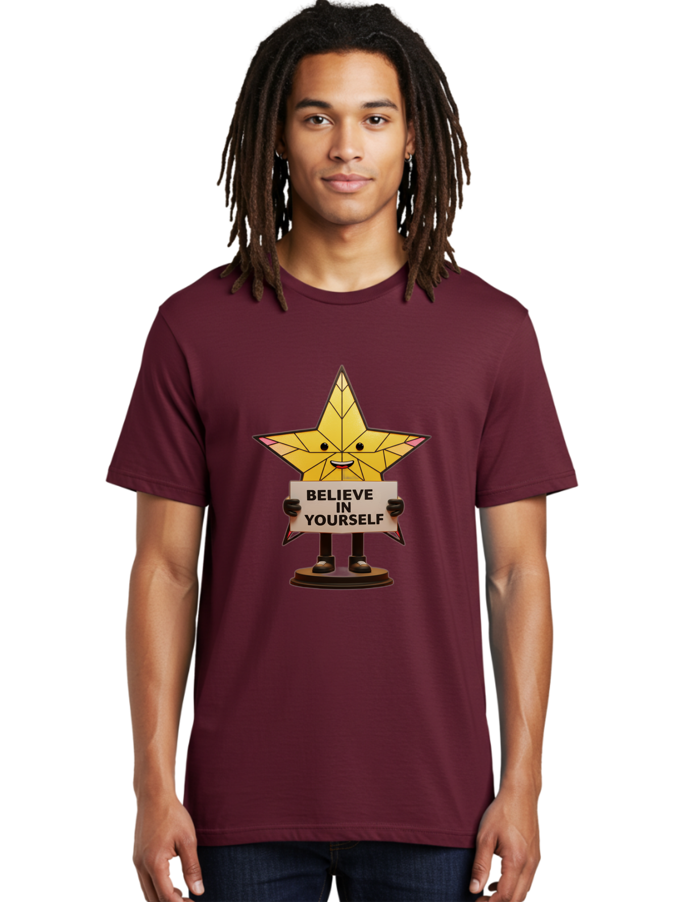 Believe-In-Yourself-8 Men'S Graphic Tee, 100% Cotton, Comfortable Casual Summer Wear, Machine Washable, Motivational Star, Inspirational Quote, Self-Belief, Positive Vibes, Cartoon Character, Yellow Star, Uplifting Message, Encouragement, Bae134