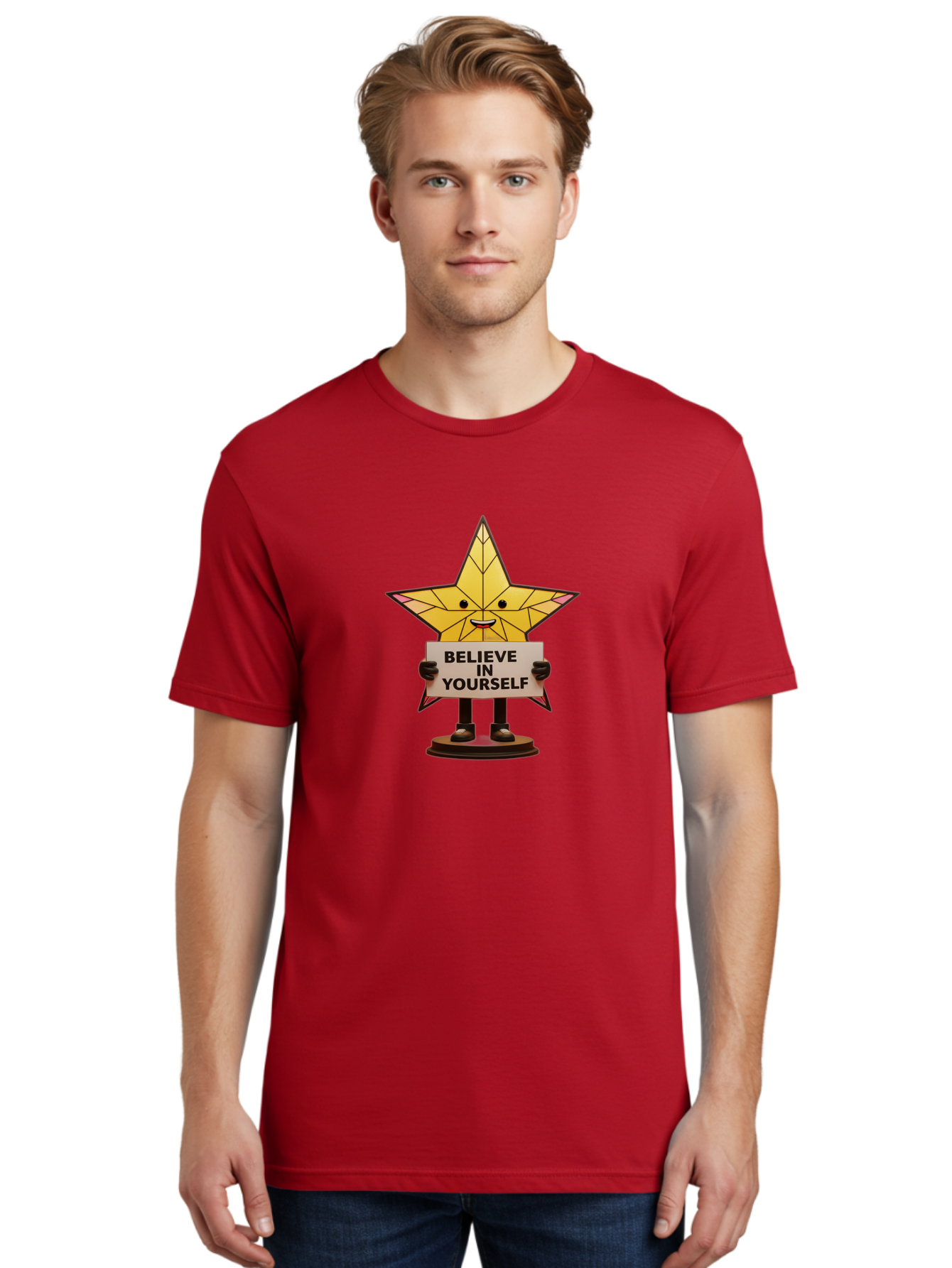 Believe-In-Yourself-8 Men'S Graphic Tee, 100% Cotton, Comfortable Casual Summer Wear, Machine Washable, Motivational Star, Inspirational Quote, Self-Belief, Positive Vibes, Cartoon Character, Yellow Star, Uplifting Message, Encouragement, Bae134