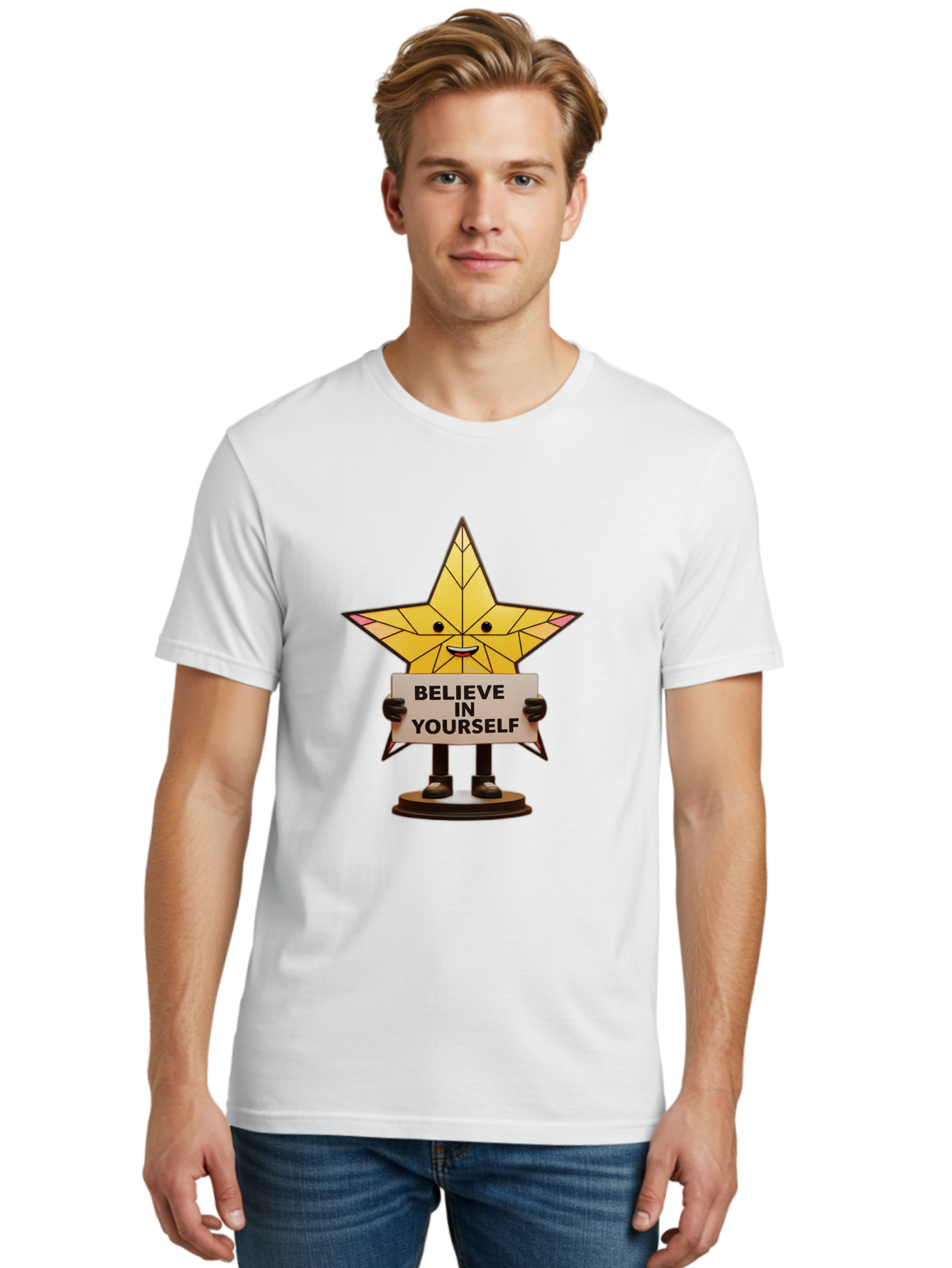 Believe-In-Yourself-8 Men'S Graphic Tee, 100% Cotton, Comfortable Casual Summer Wear, Machine Washable, Motivational Star, Inspirational Quote, Self-Belief, Positive Vibes, Cartoon Character, Yellow Star, Uplifting Message, Encouragement, Bae134