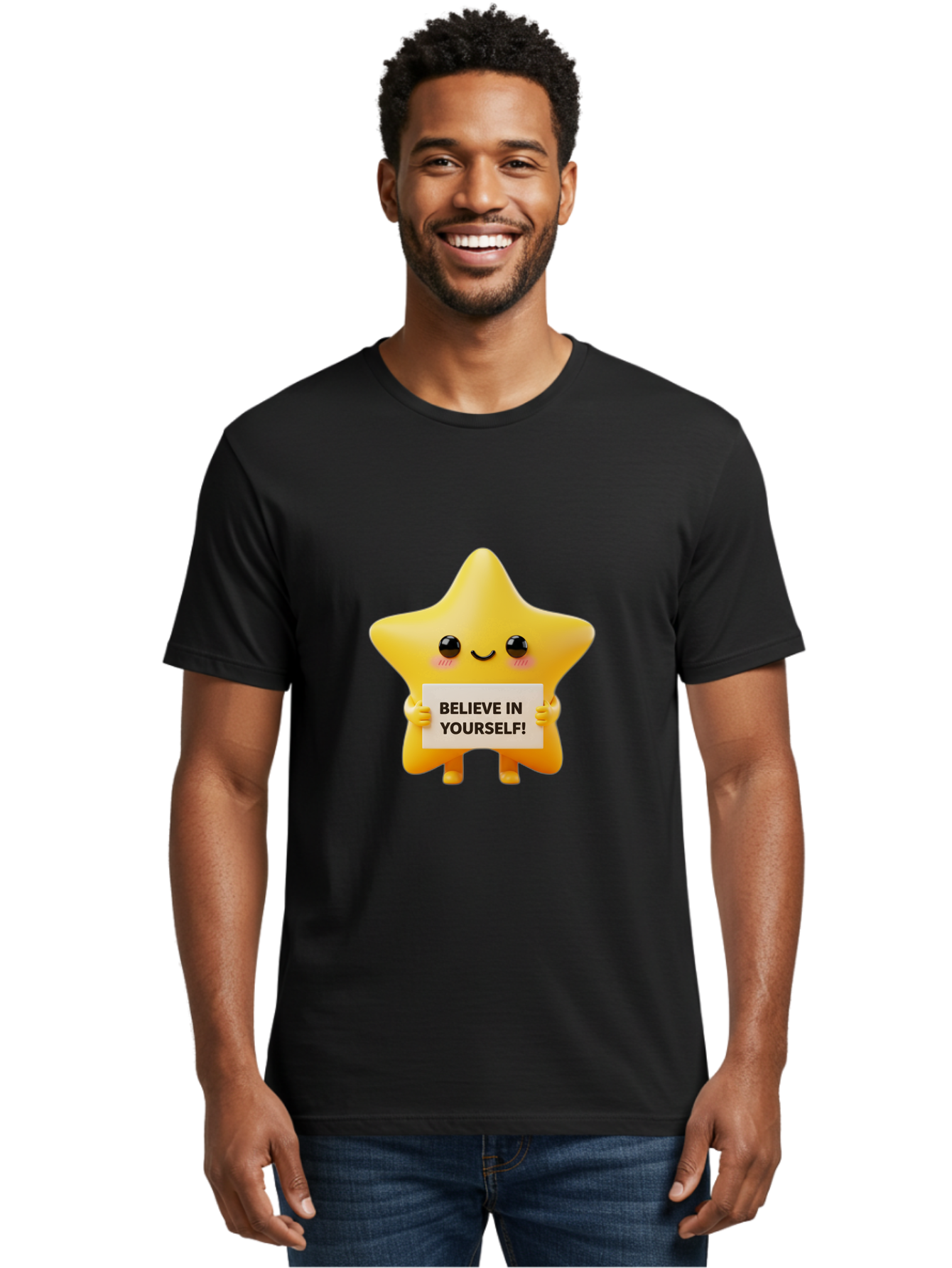 Believe-In-Yourself Men'S Graphic Tee, 100% Cotton, Comfortable Casual Summer Wear, Machine Washable, Cute Star Character, Positive Message, Motivational Quote, Believe In Yourself, Inspirational Graphic, Self-Confidence, Encouragement Bae136