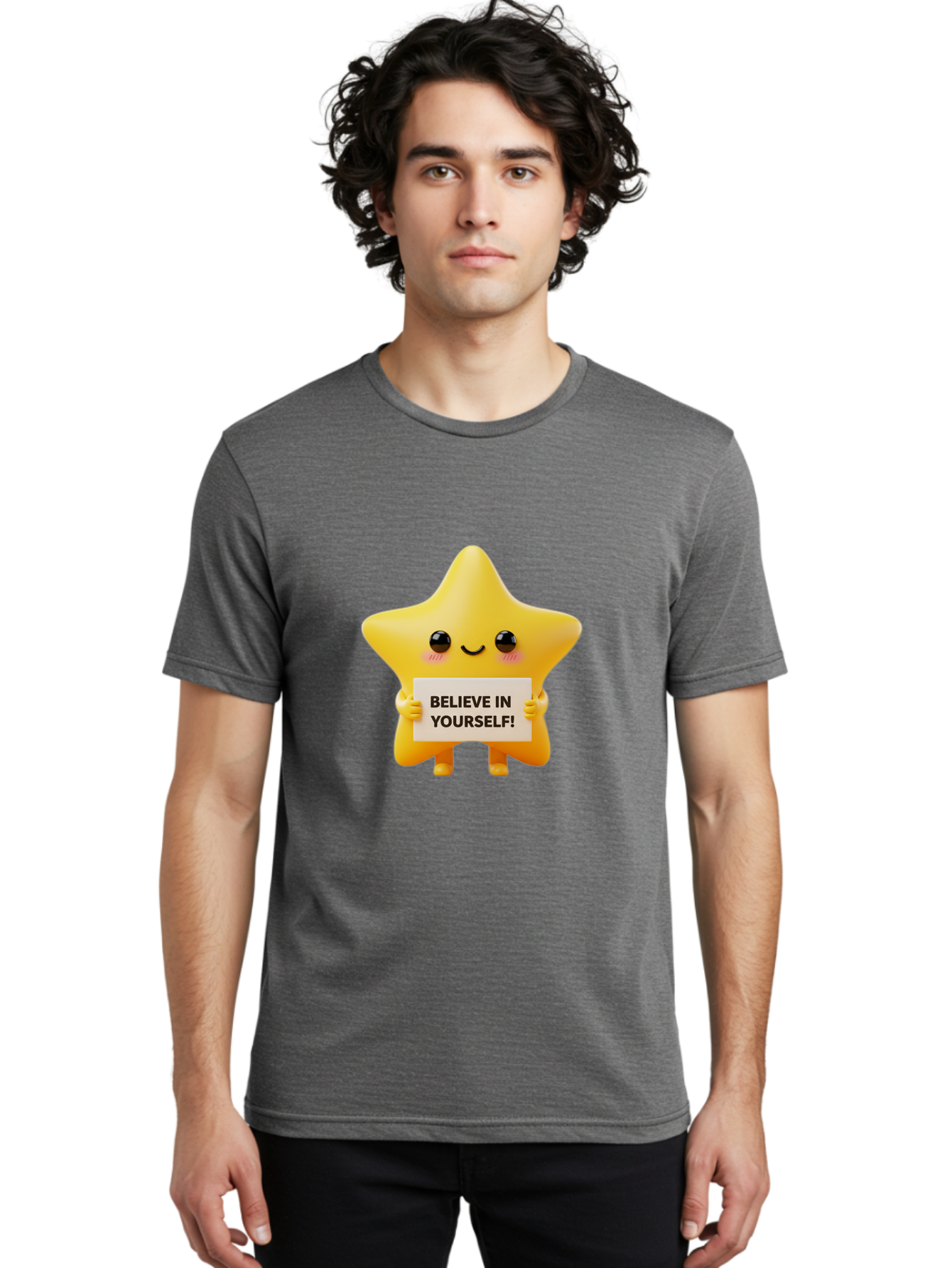 Believe-In-Yourself Men'S Graphic Tee, 100% Cotton, Comfortable Casual Summer Wear, Machine Washable, Cute Star Character, Positive Message, Motivational Quote, Believe In Yourself, Inspirational Graphic, Self-Confidence, Encouragement Bae136