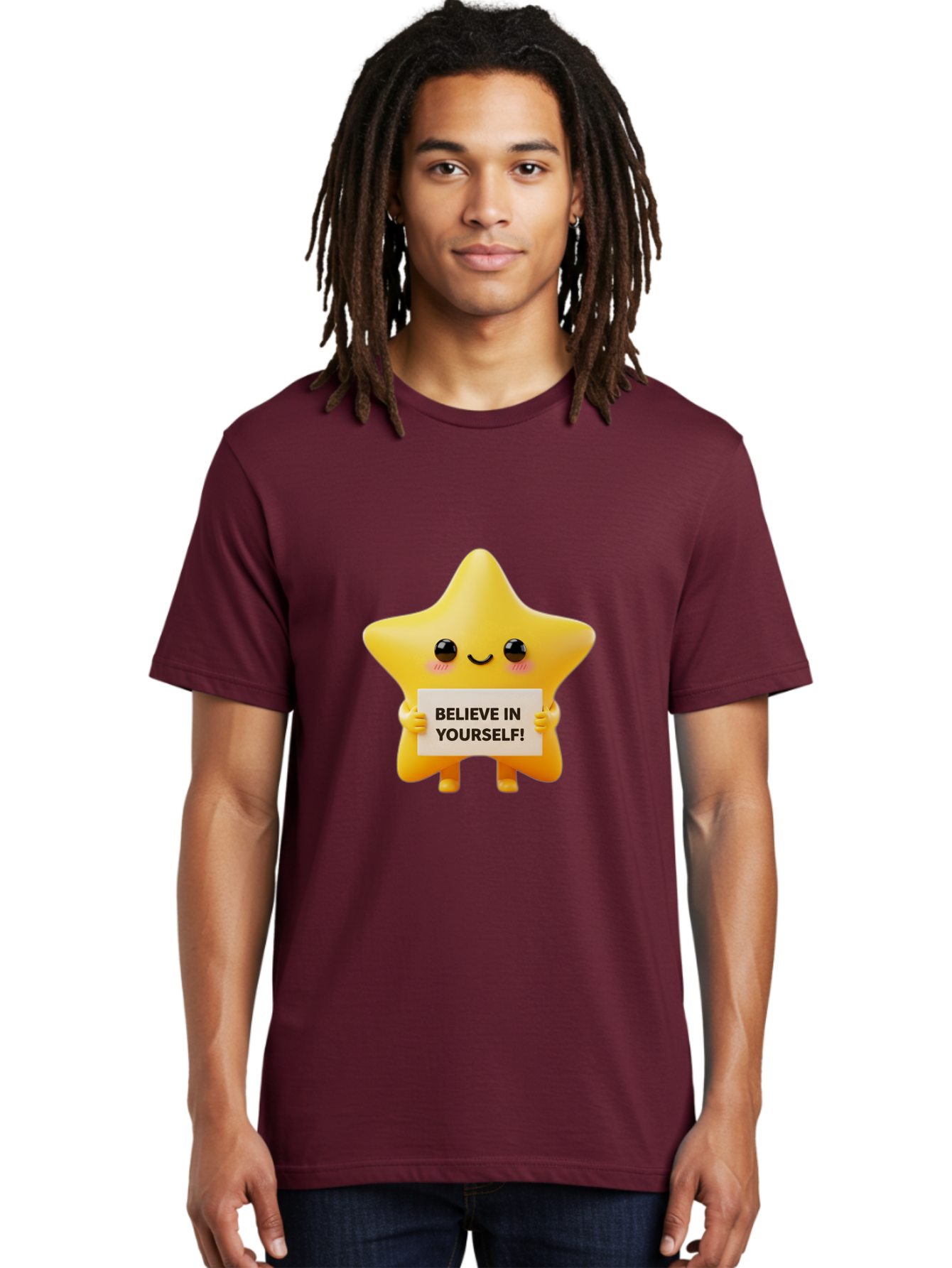 Believe-In-Yourself Men'S Graphic Tee, 100% Cotton, Comfortable Casual Summer Wear, Machine Washable, Cute Star Character, Positive Message, Motivational Quote, Believe In Yourself, Inspirational Graphic, Self-Confidence, Encouragement Bae136