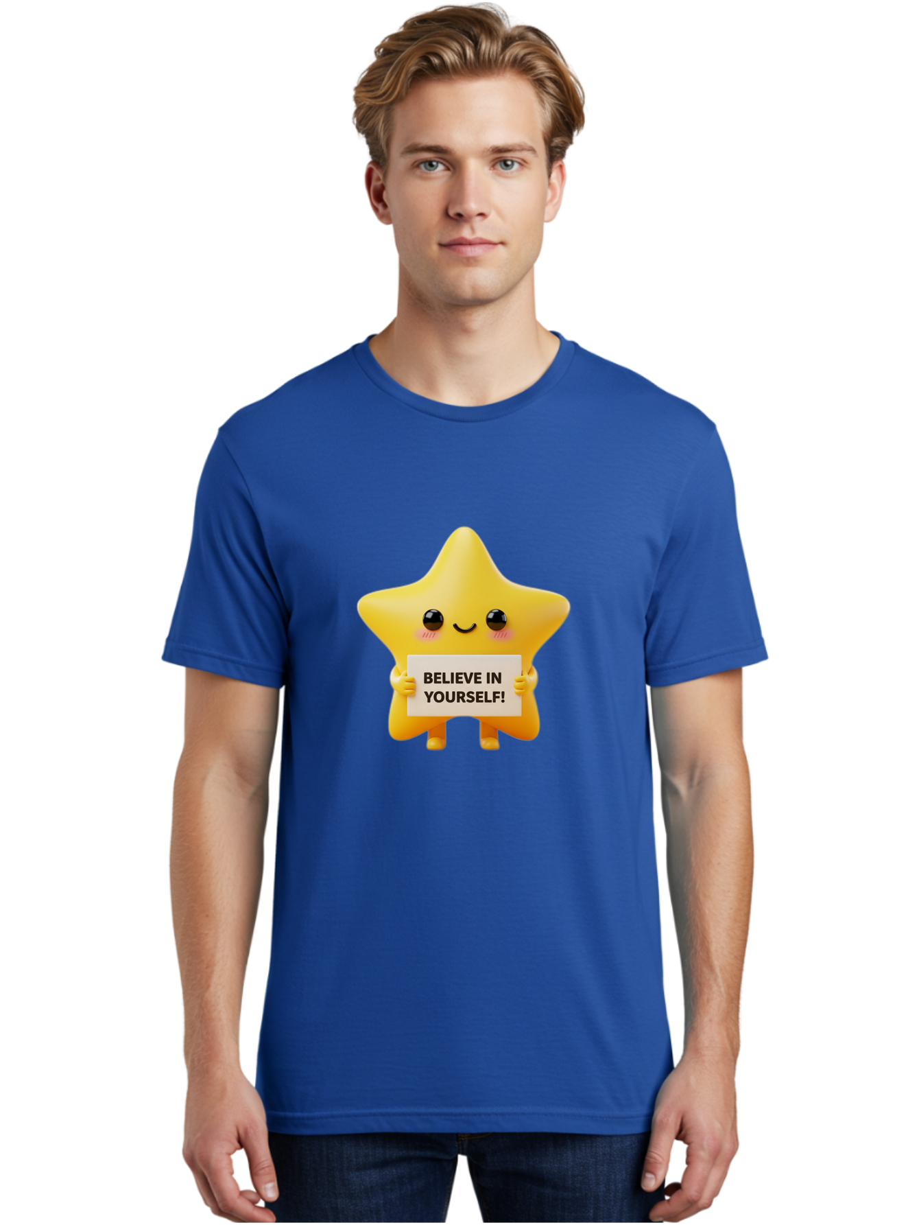 Believe-In-Yourself Men'S Graphic Tee, 100% Cotton, Comfortable Casual Summer Wear, Machine Washable, Cute Star Character, Positive Message, Motivational Quote, Believe In Yourself, Inspirational Graphic, Self-Confidence, Encouragement Bae136