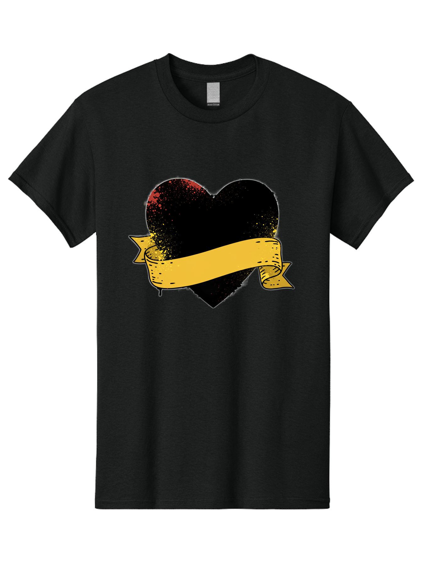 Black-Heart-With-Ribbon-Banner Men'S Graphic Tee, 100% Cotton, Comfortable Casual Summer Wear, Machine Washable, Black Heart, Yellow Ribbon, Grunge Style, Distressed Texture, Grungy Aesthetic, Vintage Design, Bold Graphics, Symbolic Heart, Bae137
