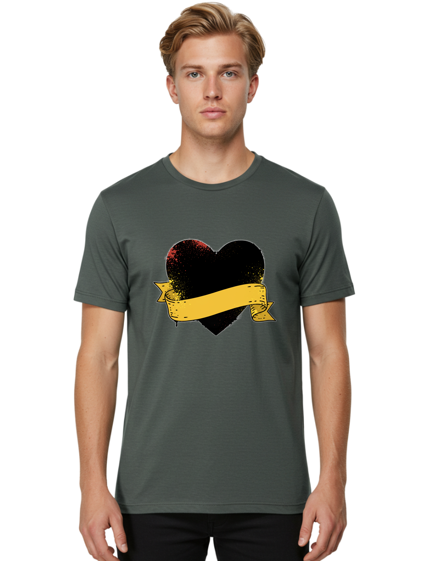 Black-Heart-With-Ribbon-Banner Men'S Graphic Tee, 100% Cotton, Comfortable Casual Summer Wear, Machine Washable, Black Heart, Yellow Ribbon, Grunge Style, Distressed Texture, Grungy Aesthetic, Vintage Design, Bold Graphics, Symbolic Heart, Bae137