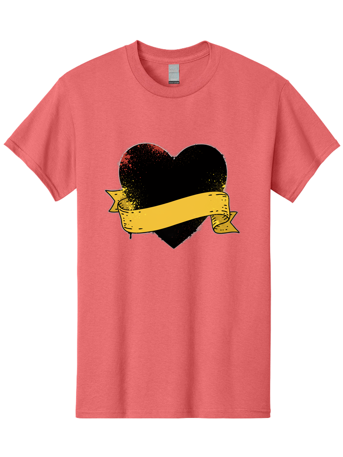 Black-Heart-With-Ribbon-Banner Men'S Graphic Tee, 100% Cotton, Comfortable Casual Summer Wear, Machine Washable, Black Heart, Yellow Ribbon, Grunge Style, Distressed Texture, Grungy Aesthetic, Vintage Design, Bold Graphics, Symbolic Heart, Bae137