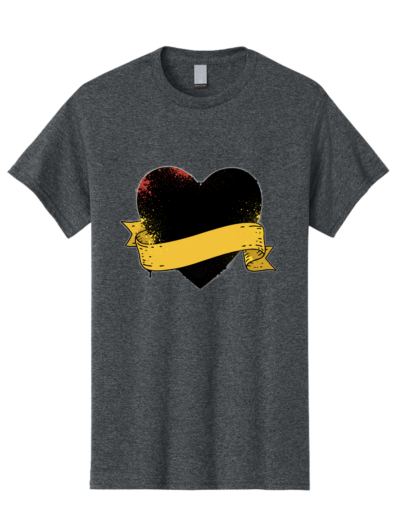 Black-Heart-With-Ribbon-Banner Men'S Graphic Tee, 100% Cotton, Comfortable Casual Summer Wear, Machine Washable, Black Heart, Yellow Ribbon, Grunge Style, Distressed Texture, Grungy Aesthetic, Vintage Design, Bold Graphics, Symbolic Heart, Bae137