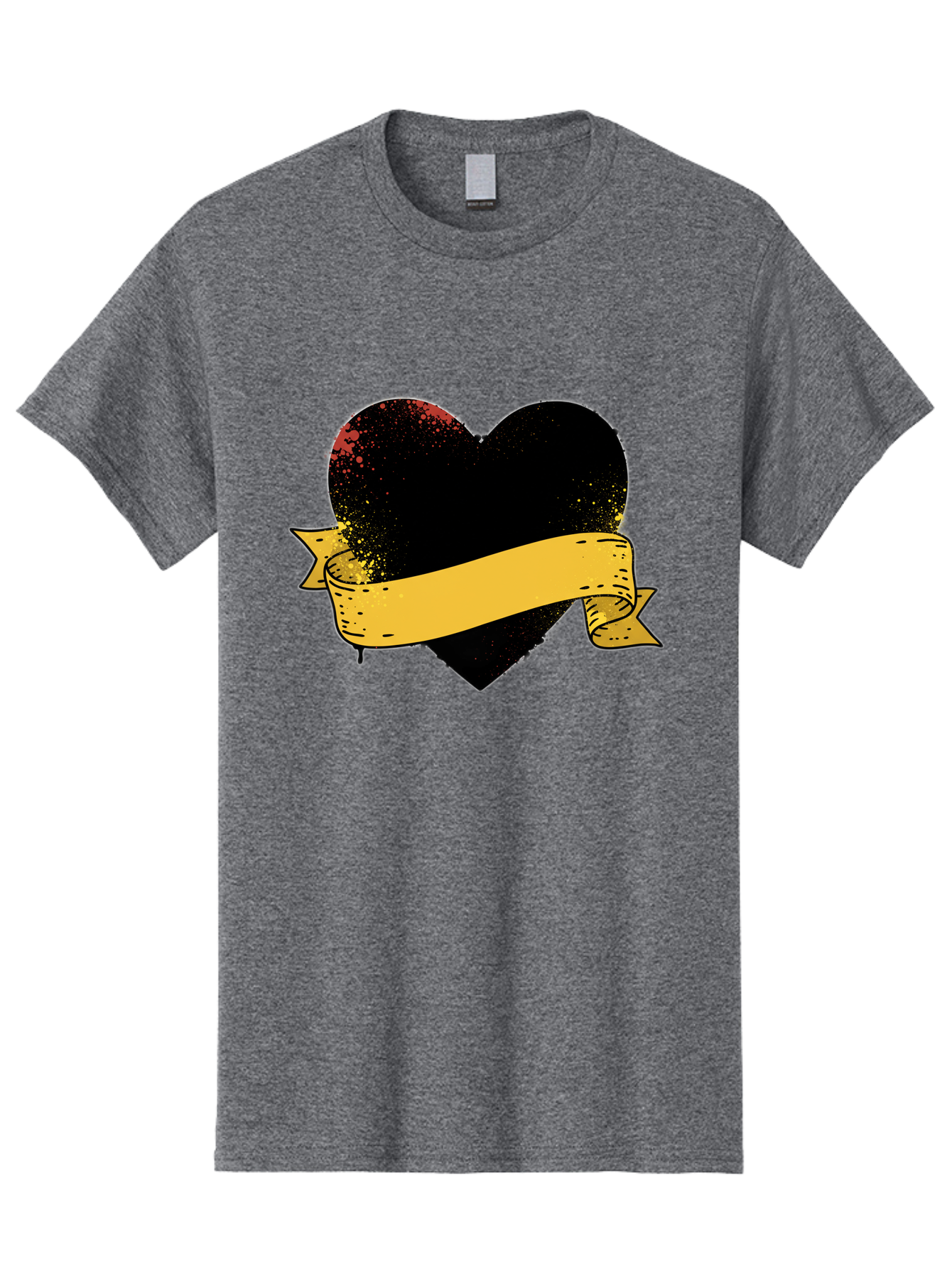 Black-Heart-With-Ribbon-Banner Men'S Graphic Tee, 100% Cotton, Comfortable Casual Summer Wear, Machine Washable, Black Heart, Yellow Ribbon, Grunge Style, Distressed Texture, Grungy Aesthetic, Vintage Design, Bold Graphics, Symbolic Heart, Bae137