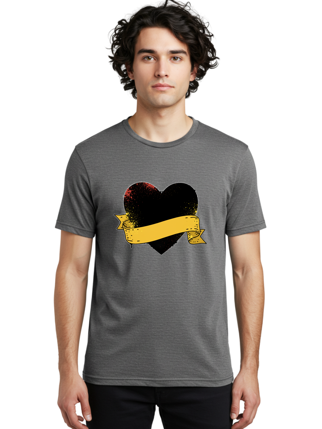 Black-Heart-With-Ribbon-Banner Men'S Graphic Tee, 100% Cotton, Comfortable Casual Summer Wear, Machine Washable, Black Heart, Yellow Ribbon, Grunge Style, Distressed Texture, Grungy Aesthetic, Vintage Design, Bold Graphics, Symbolic Heart, Bae137
