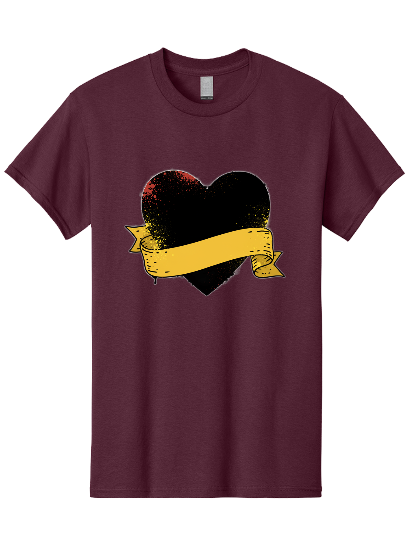 Black-Heart-With-Ribbon-Banner Men'S Graphic Tee, 100% Cotton, Comfortable Casual Summer Wear, Machine Washable, Black Heart, Yellow Ribbon, Grunge Style, Distressed Texture, Grungy Aesthetic, Vintage Design, Bold Graphics, Symbolic Heart, Bae137