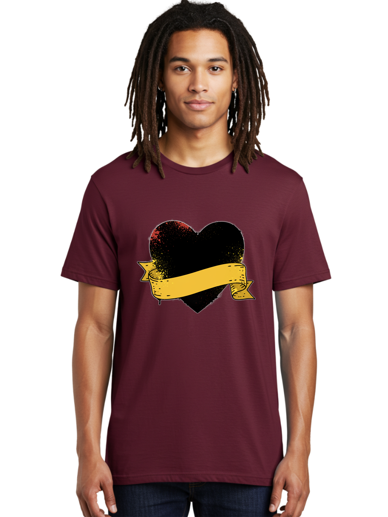 Black-Heart-With-Ribbon-Banner Men'S Graphic Tee, 100% Cotton, Comfortable Casual Summer Wear, Machine Washable, Black Heart, Yellow Ribbon, Grunge Style, Distressed Texture, Grungy Aesthetic, Vintage Design, Bold Graphics, Symbolic Heart, Bae137
