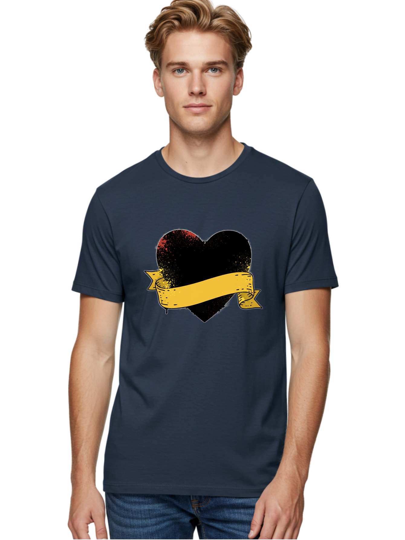 Black-Heart-With-Ribbon-Banner Men'S Graphic Tee, 100% Cotton, Comfortable Casual Summer Wear, Machine Washable, Black Heart, Yellow Ribbon, Grunge Style, Distressed Texture, Grungy Aesthetic, Vintage Design, Bold Graphics, Symbolic Heart, Bae137