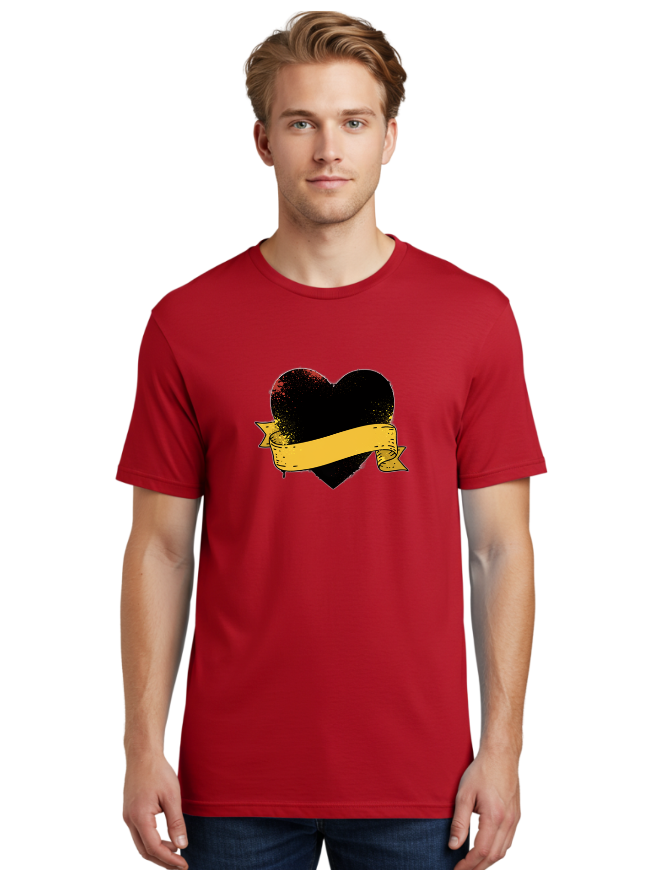 Black-Heart-With-Ribbon-Banner Men'S Graphic Tee, 100% Cotton, Comfortable Casual Summer Wear, Machine Washable, Black Heart, Yellow Ribbon, Grunge Style, Distressed Texture, Grungy Aesthetic, Vintage Design, Bold Graphics, Symbolic Heart, Bae137