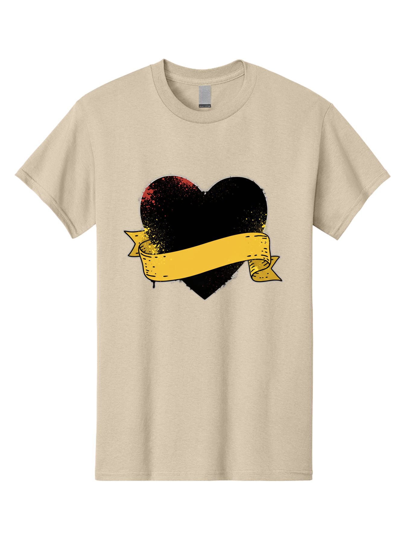 Black-Heart-With-Ribbon-Banner Men'S Graphic Tee, 100% Cotton, Comfortable Casual Summer Wear, Machine Washable, Black Heart, Yellow Ribbon, Grunge Style, Distressed Texture, Grungy Aesthetic, Vintage Design, Bold Graphics, Symbolic Heart, Bae137
