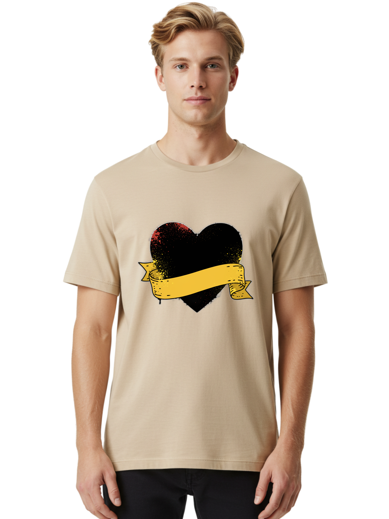 Black-Heart-With-Ribbon-Banner Men'S Graphic Tee, 100% Cotton, Comfortable Casual Summer Wear, Machine Washable, Black Heart, Yellow Ribbon, Grunge Style, Distressed Texture, Grungy Aesthetic, Vintage Design, Bold Graphics, Symbolic Heart, Bae137