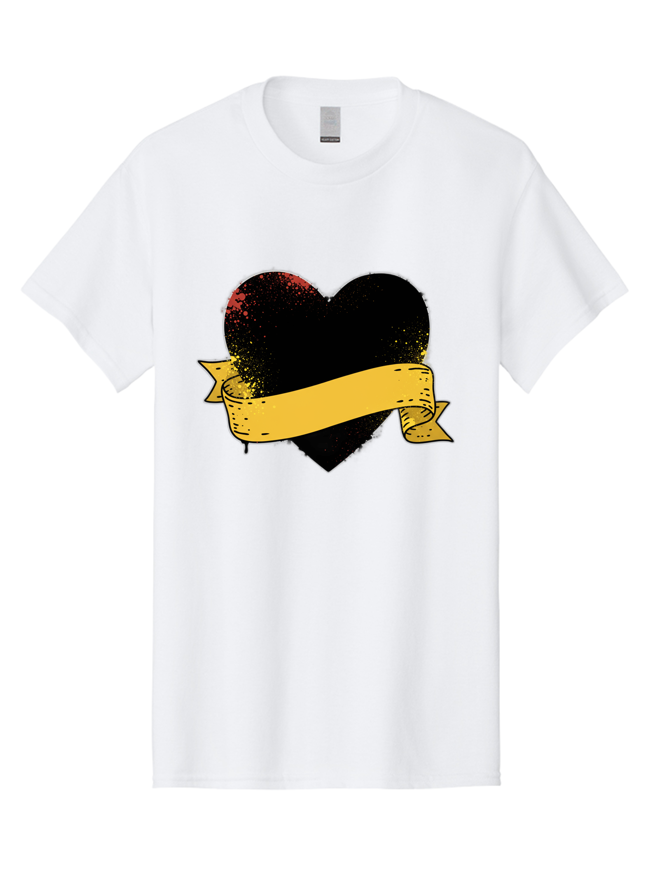 Black-Heart-With-Ribbon-Banner Men'S Graphic Tee, 100% Cotton, Comfortable Casual Summer Wear, Machine Washable, Black Heart, Yellow Ribbon, Grunge Style, Distressed Texture, Grungy Aesthetic, Vintage Design, Bold Graphics, Symbolic Heart, Bae137