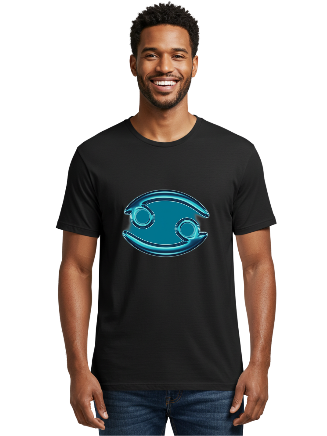 Blue-Pacman Men'S Graphic Tee, 100% Cotton, Comfortable Casual Summer Wear, Machine Washable, Blue Metallic Fish Logo, Stylized Fish Emblem, Abstract Fish Design, Chrome Effect, Modern Logo Style, Ocean Icon, Futuristic Symbol Bae138
