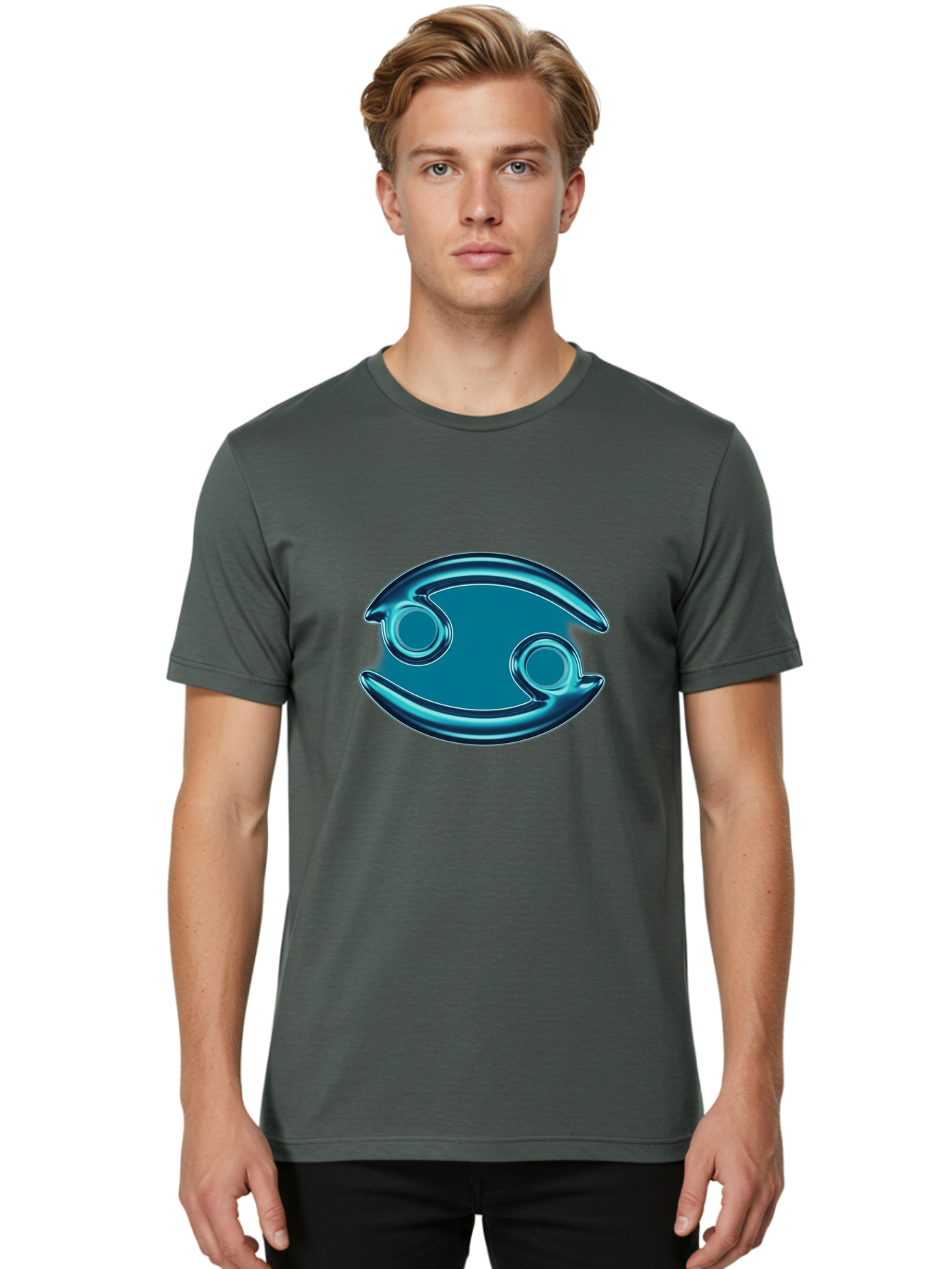 Blue-Pacman Men'S Graphic Tee, 100% Cotton, Comfortable Casual Summer Wear, Machine Washable, Blue Metallic Fish Logo, Stylized Fish Emblem, Abstract Fish Design, Chrome Effect, Modern Logo Style, Ocean Icon, Futuristic Symbol Bae138