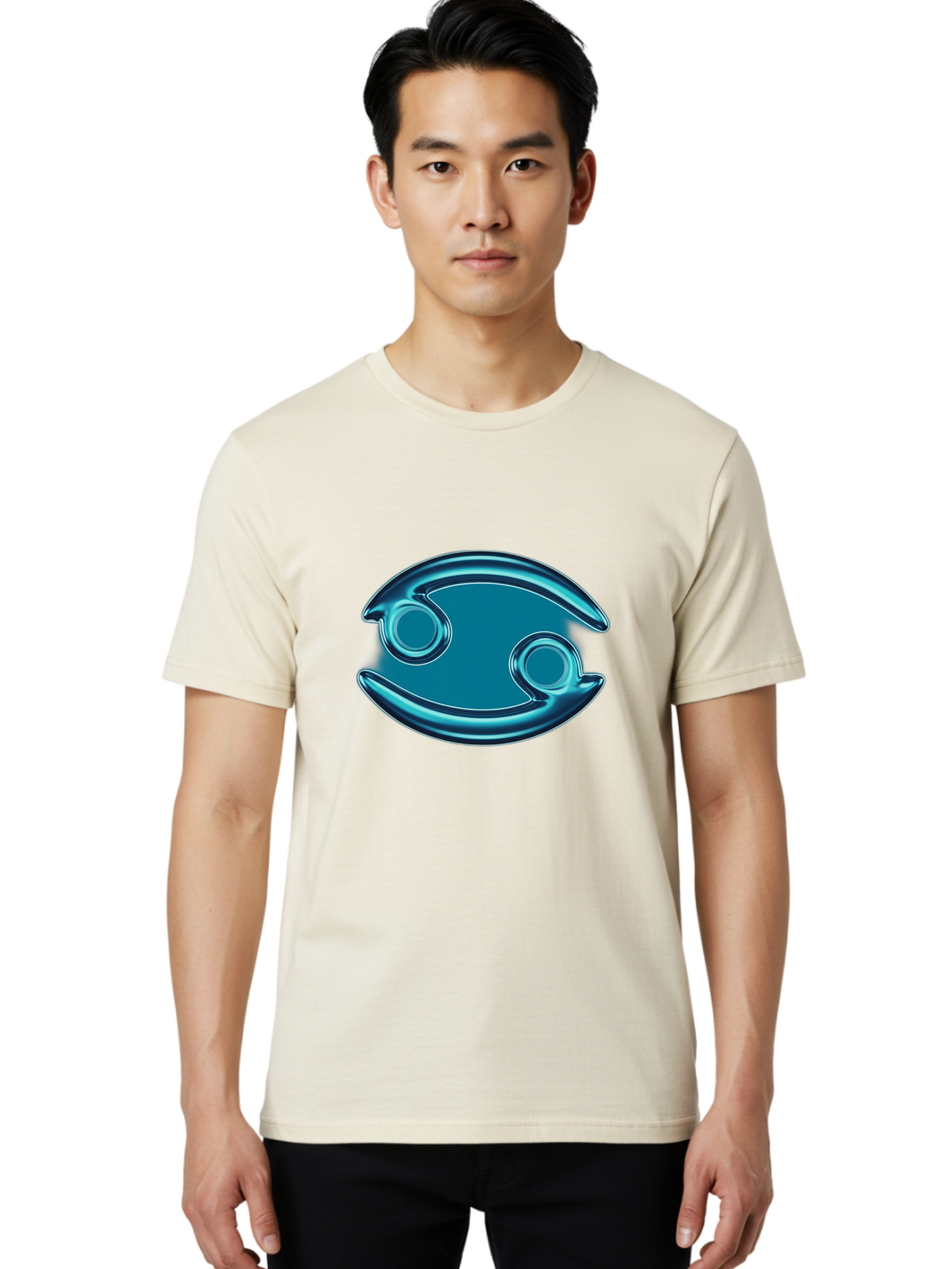 Blue-Pacman Men'S Graphic Tee, 100% Cotton, Comfortable Casual Summer Wear, Machine Washable, Blue Metallic Fish Logo, Stylized Fish Emblem, Abstract Fish Design, Chrome Effect, Modern Logo Style, Ocean Icon, Futuristic Symbol Bae138