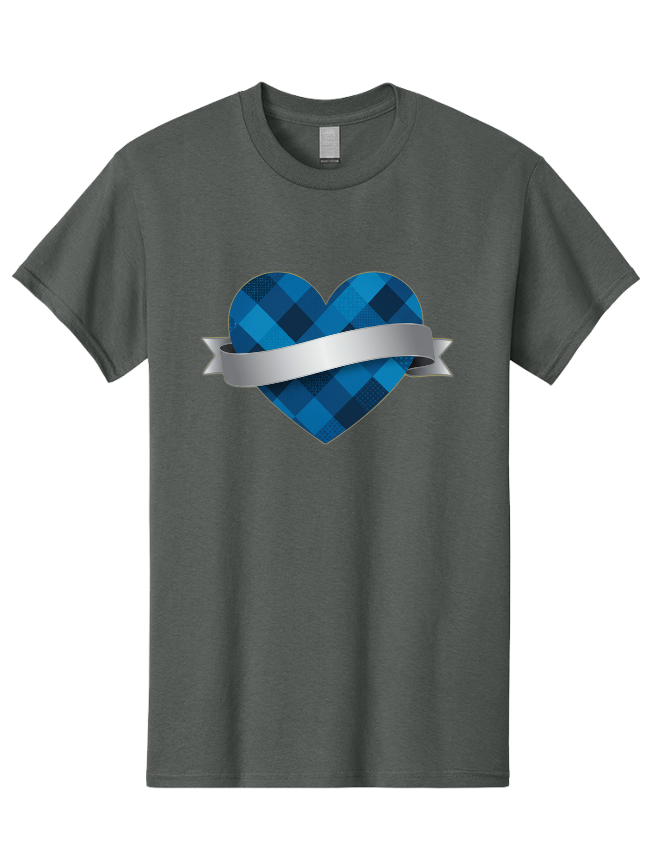 Blue-Plaid-Heart Men'S Graphic Tee, 100% Cotton, Comfortable Casual Summer Wear, Machine Washable, Blue Plaid Heart, Silver Ribbon, Love Symbol, Heart Shape, Textured Pattern, Checkered Design, Elegant Graphics, Symbolic Heart Bae139