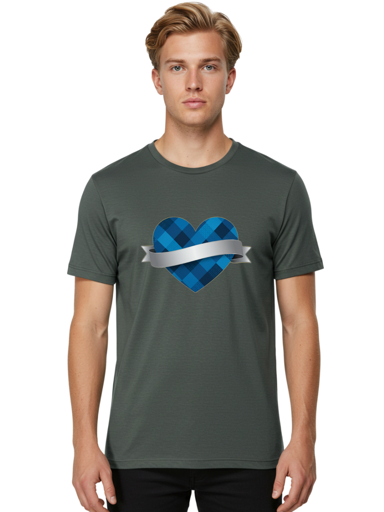 Blue-Plaid-Heart Men'S Graphic Tee, 100% Cotton, Comfortable Casual Summer Wear, Machine Washable, Blue Plaid Heart, Silver Ribbon, Love Symbol, Heart Shape, Textured Pattern, Checkered Design, Elegant Graphics, Symbolic Heart Bae139