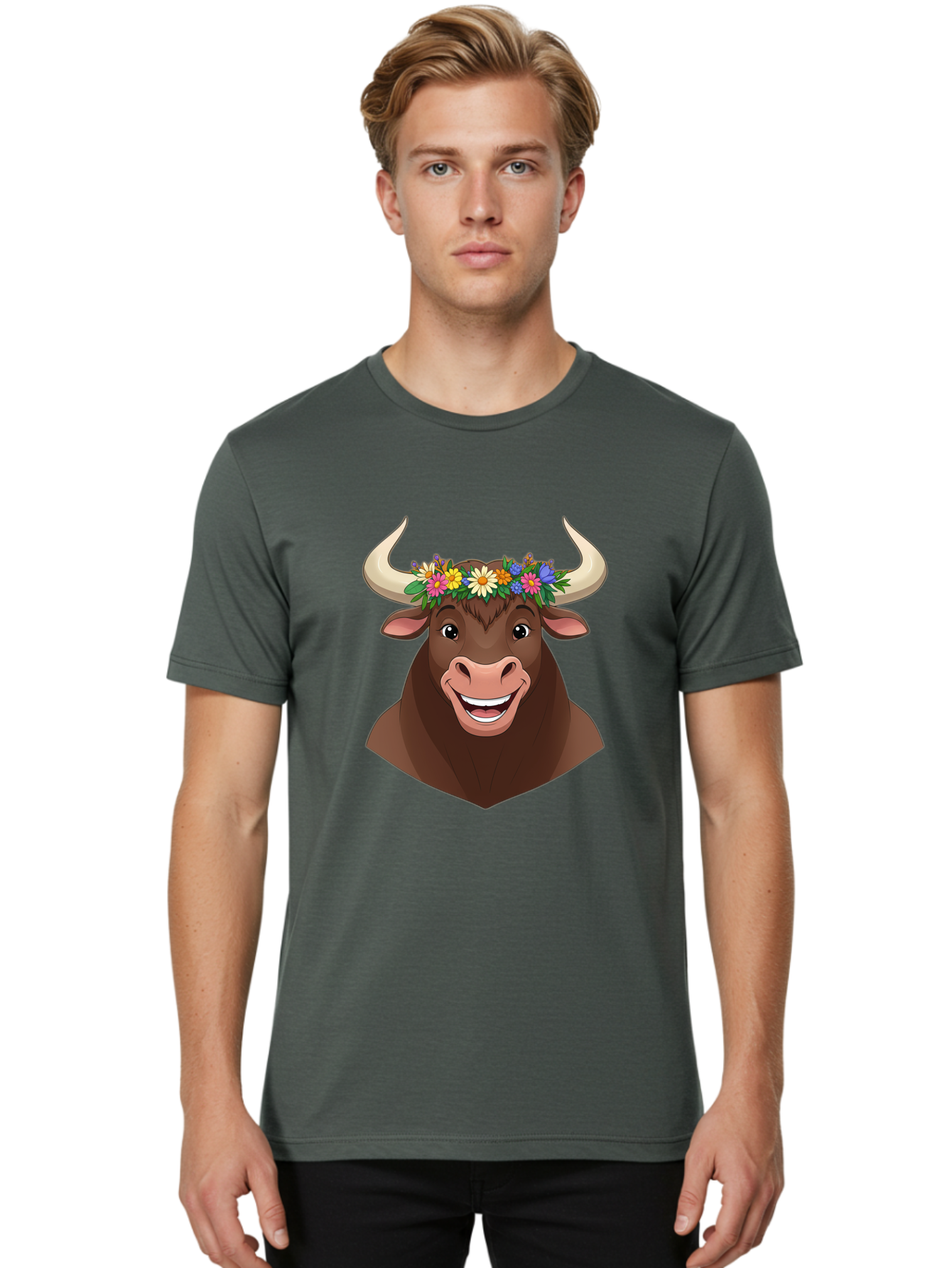 Bull-With-Flowers Men'S Graphic Tee, 100% Cotton, Comfortable Casual Summer Wear, Machine Washable, Cartoon Bull, Floral Crown, Colorful Flowers, Happy Bull, Smiling Face, Cheerful Mood, Vibrant Colors, Playful Character, Funny Illustration, Bae140