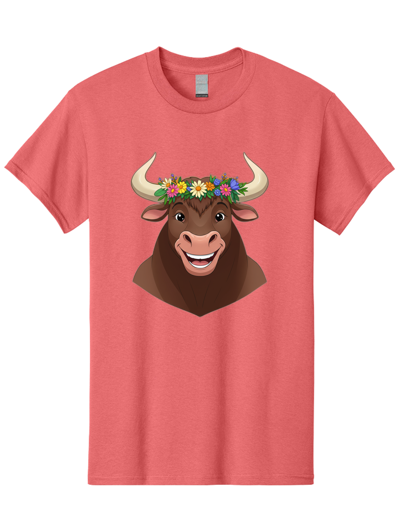 Bull-With-Flowers Men'S Graphic Tee, 100% Cotton, Comfortable Casual Summer Wear, Machine Washable, Cartoon Bull, Floral Crown, Colorful Flowers, Happy Bull, Smiling Face, Cheerful Mood, Vibrant Colors, Playful Character, Funny Illustration, Bae140