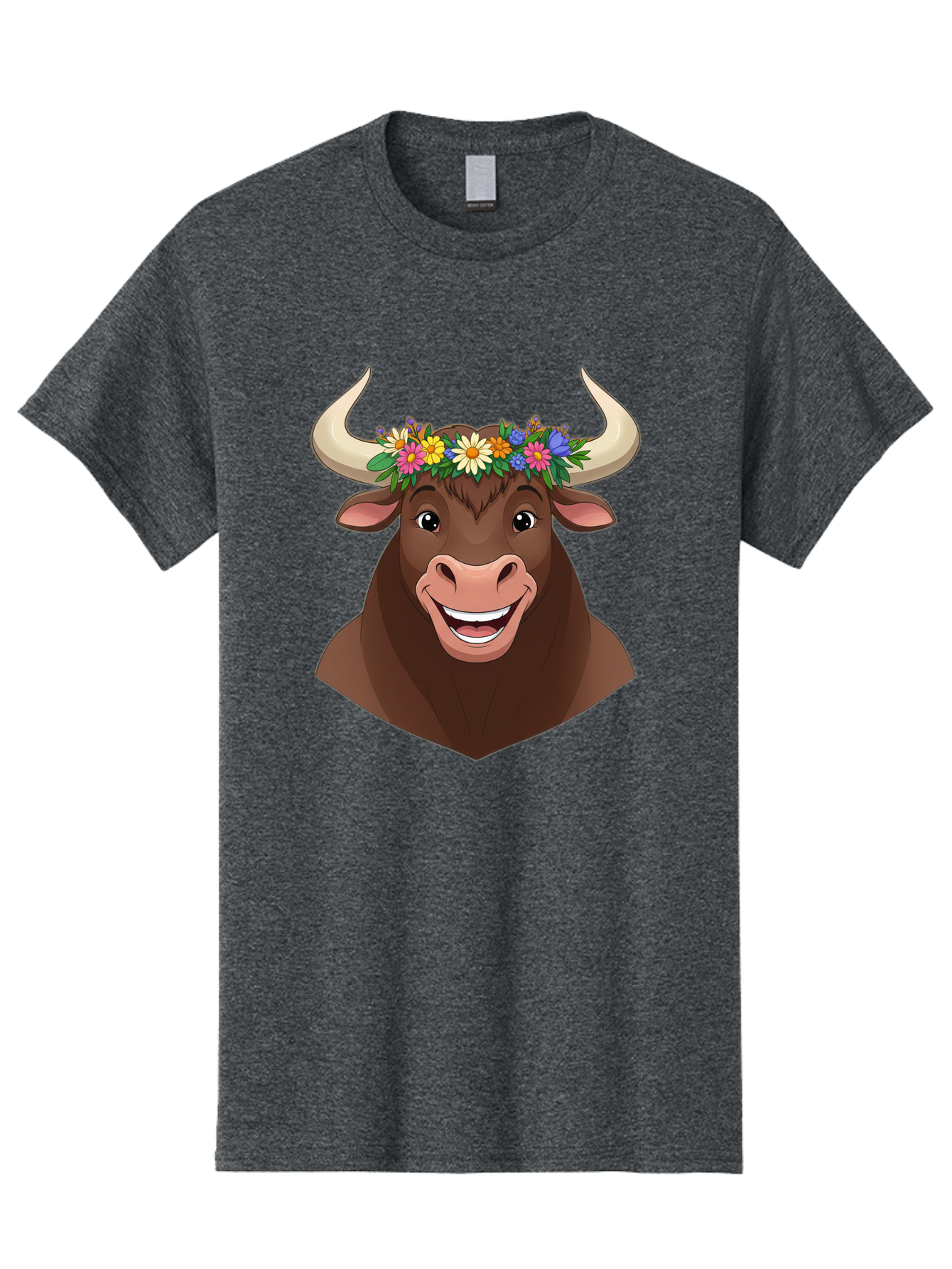 Bull-With-Flowers Men'S Graphic Tee, 100% Cotton, Comfortable Casual Summer Wear, Machine Washable, Cartoon Bull, Floral Crown, Colorful Flowers, Happy Bull, Smiling Face, Cheerful Mood, Vibrant Colors, Playful Character, Funny Illustration, Bae140