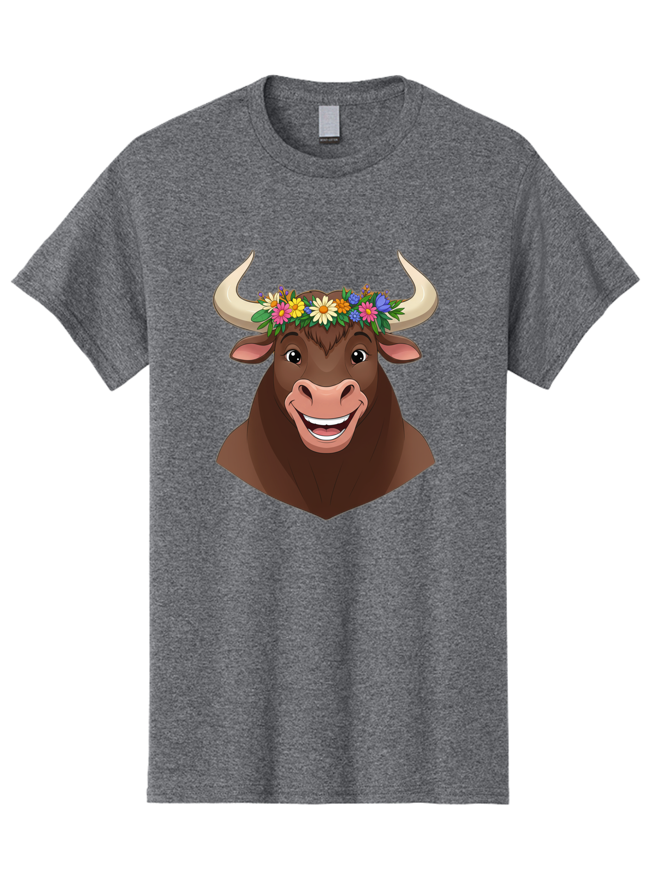 Bull-With-Flowers Men'S Graphic Tee, 100% Cotton, Comfortable Casual Summer Wear, Machine Washable, Cartoon Bull, Floral Crown, Colorful Flowers, Happy Bull, Smiling Face, Cheerful Mood, Vibrant Colors, Playful Character, Funny Illustration, Bae140