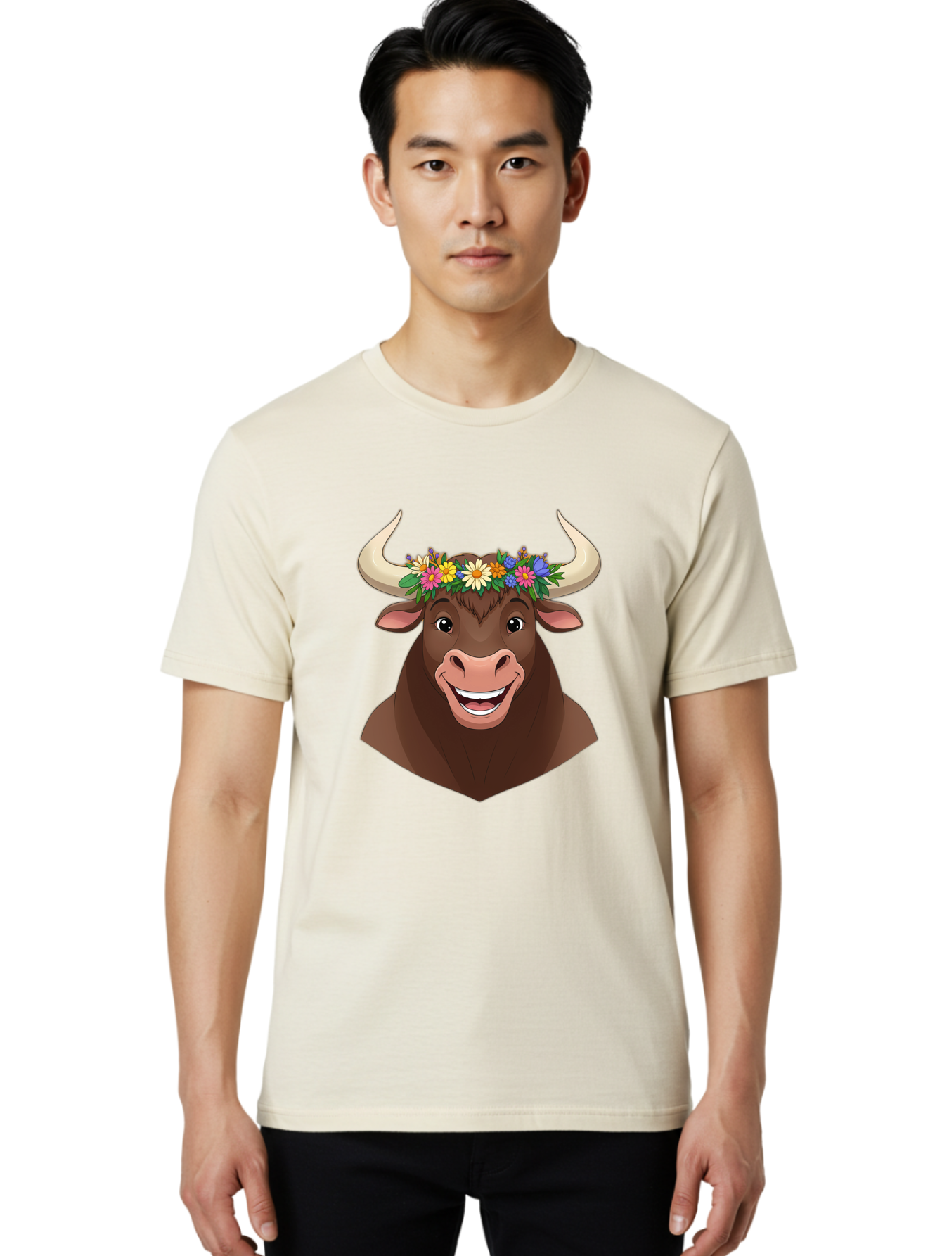 Bull-With-Flowers Men'S Graphic Tee, 100% Cotton, Comfortable Casual Summer Wear, Machine Washable, Cartoon Bull, Floral Crown, Colorful Flowers, Happy Bull, Smiling Face, Cheerful Mood, Vibrant Colors, Playful Character, Funny Illustration, Bae140