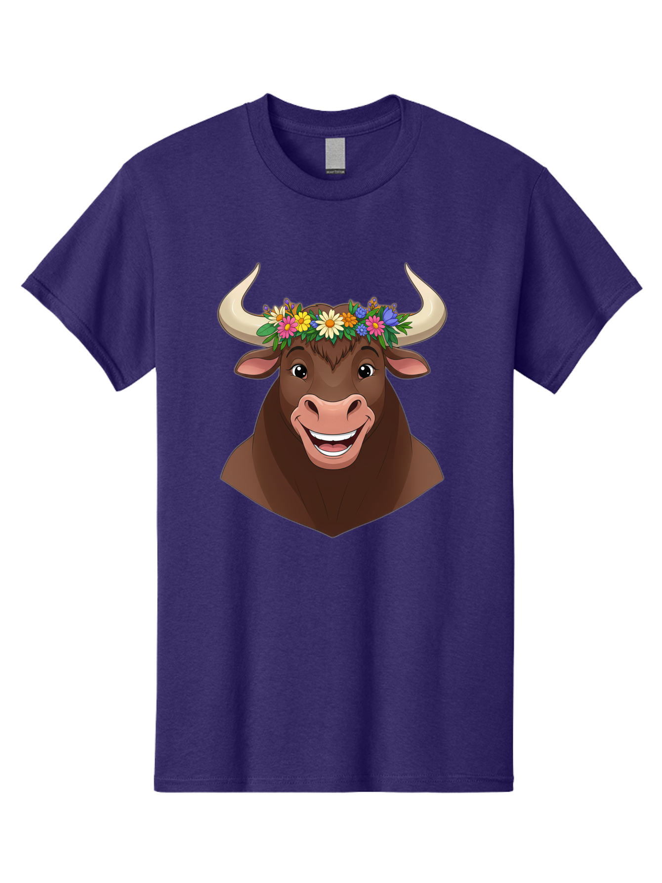 Bull-With-Flowers Men'S Graphic Tee, 100% Cotton, Comfortable Casual Summer Wear, Machine Washable, Cartoon Bull, Floral Crown, Colorful Flowers, Happy Bull, Smiling Face, Cheerful Mood, Vibrant Colors, Playful Character, Funny Illustration, Bae140