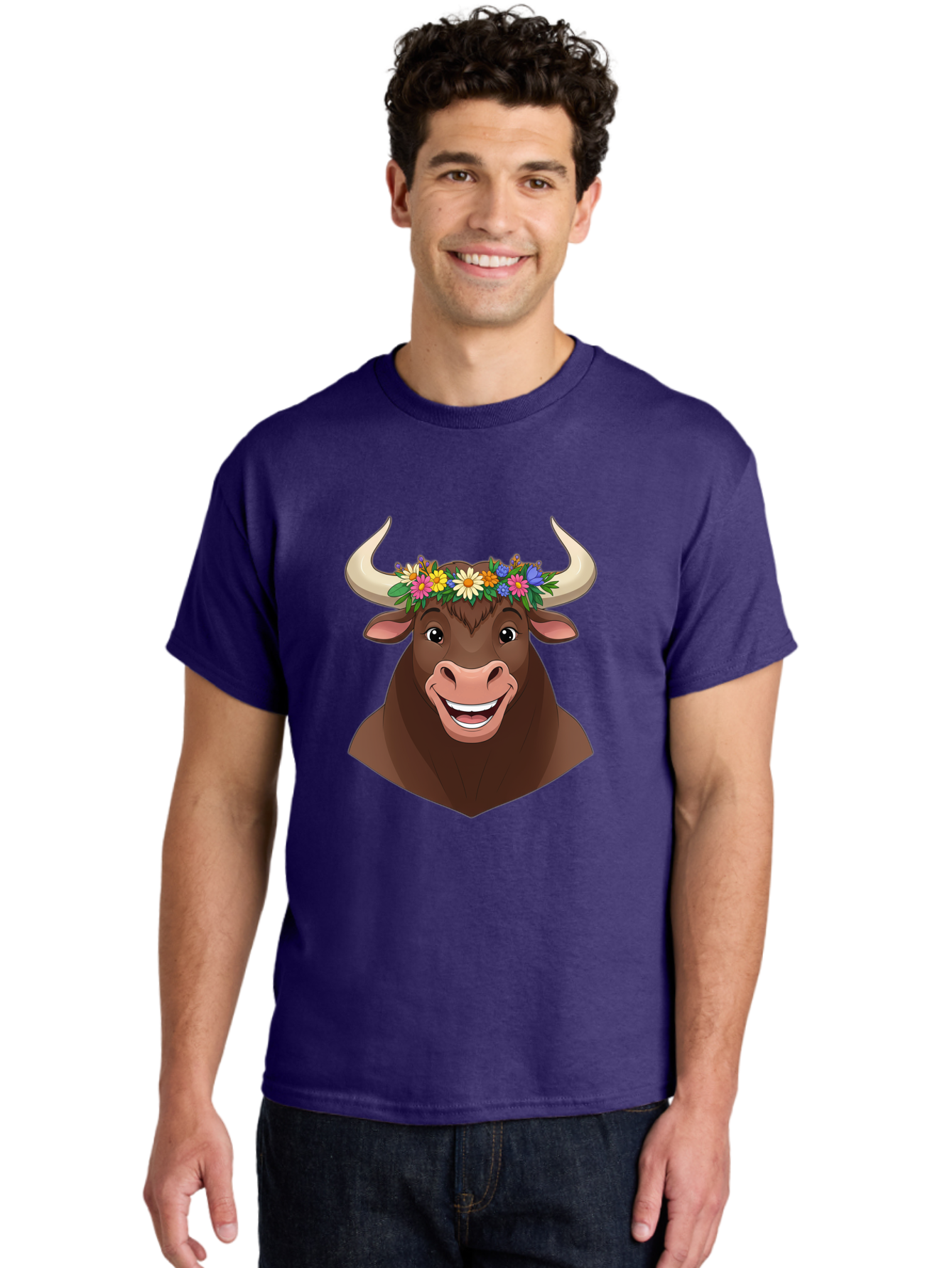 Bull-With-Flowers Men'S Graphic Tee, 100% Cotton, Comfortable Casual Summer Wear, Machine Washable, Cartoon Bull, Floral Crown, Colorful Flowers, Happy Bull, Smiling Face, Cheerful Mood, Vibrant Colors, Playful Character, Funny Illustration, Bae140