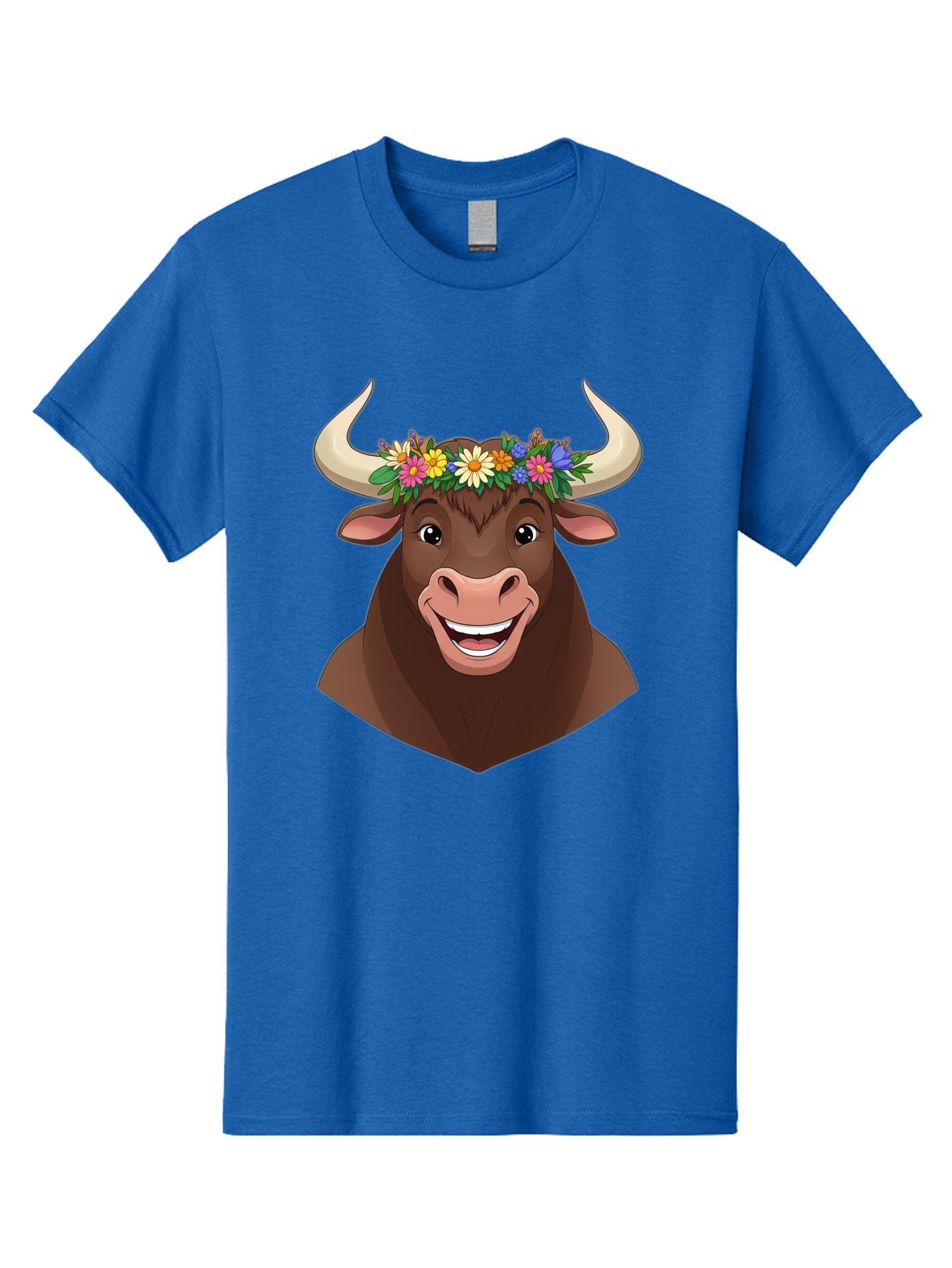 Bull-With-Flowers Men'S Graphic Tee, 100% Cotton, Comfortable Casual Summer Wear, Machine Washable, Cartoon Bull, Floral Crown, Colorful Flowers, Happy Bull, Smiling Face, Cheerful Mood, Vibrant Colors, Playful Character, Funny Illustration, Bae140