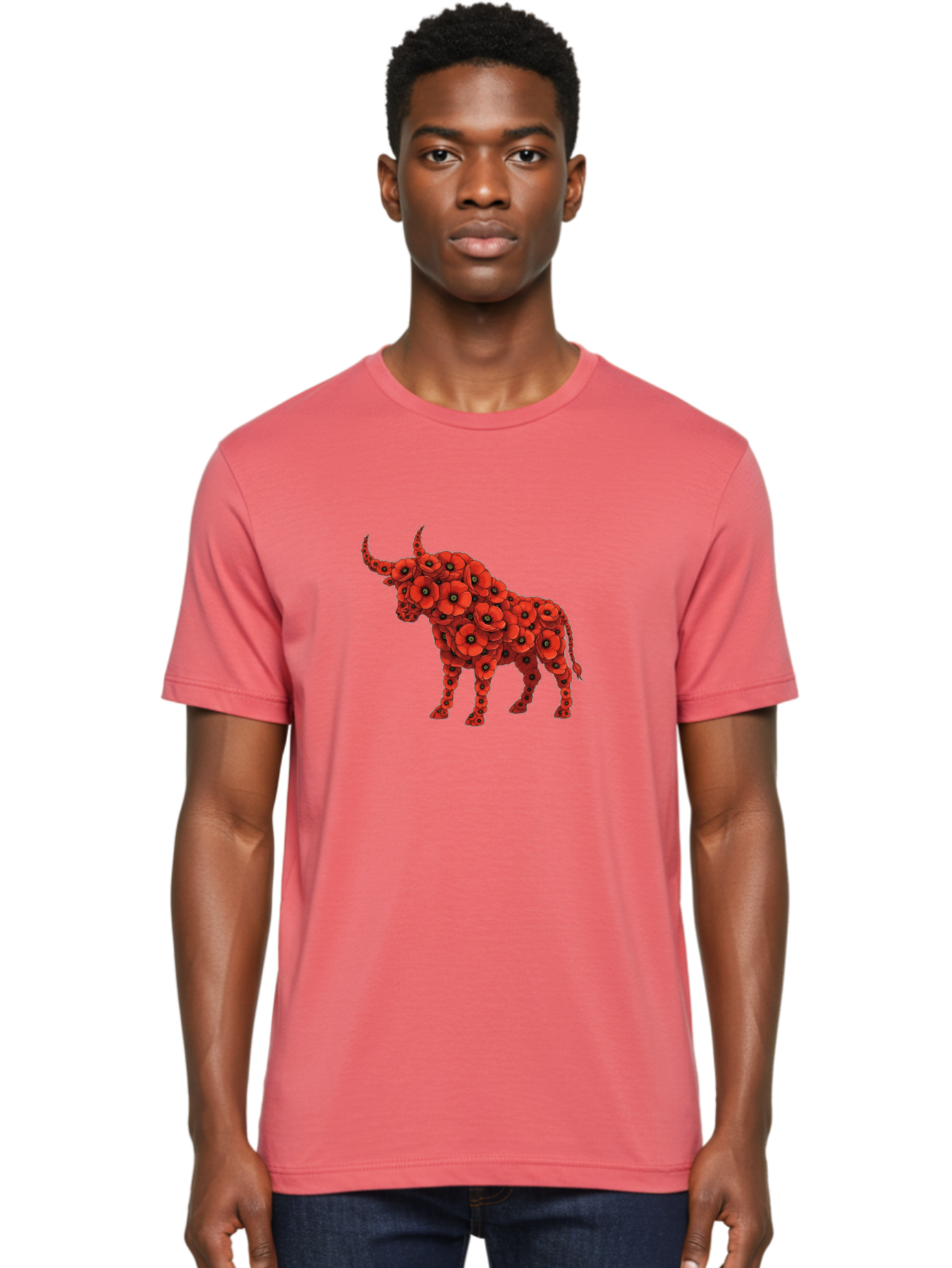 Bull-With-Poppies Men'S Graphic Tee, 100% Cotton, Comfortable Casual Summer Wear, Machine Washable, Red Poppy Flowers, Floral Bull, Bull Silhouette, Vibrant Flowers, Botanical Art, Floral Design, Bull Design, Flowers Bae141